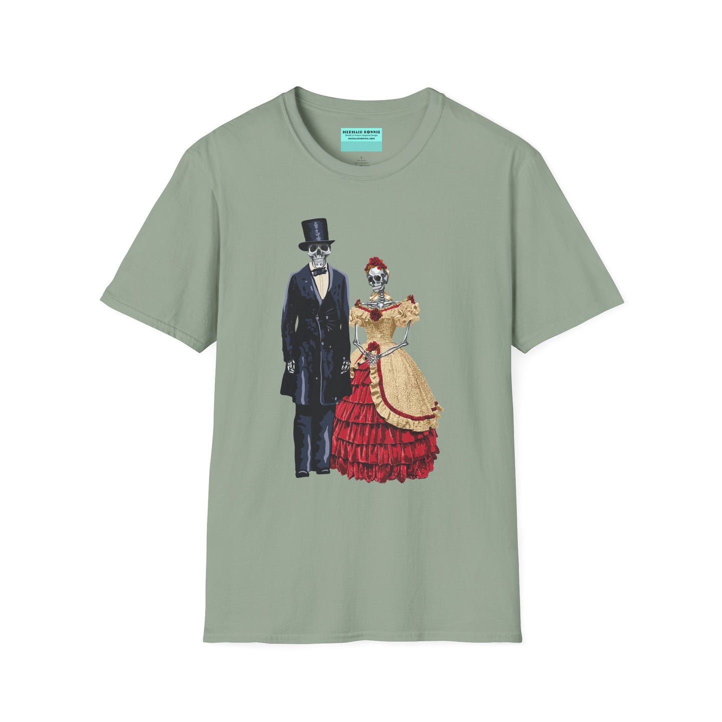 Green t-shirt featuring skeletons dressed as Abraham and Mary Todd Lincoln, with the skeletons wearing period-specific clothing.