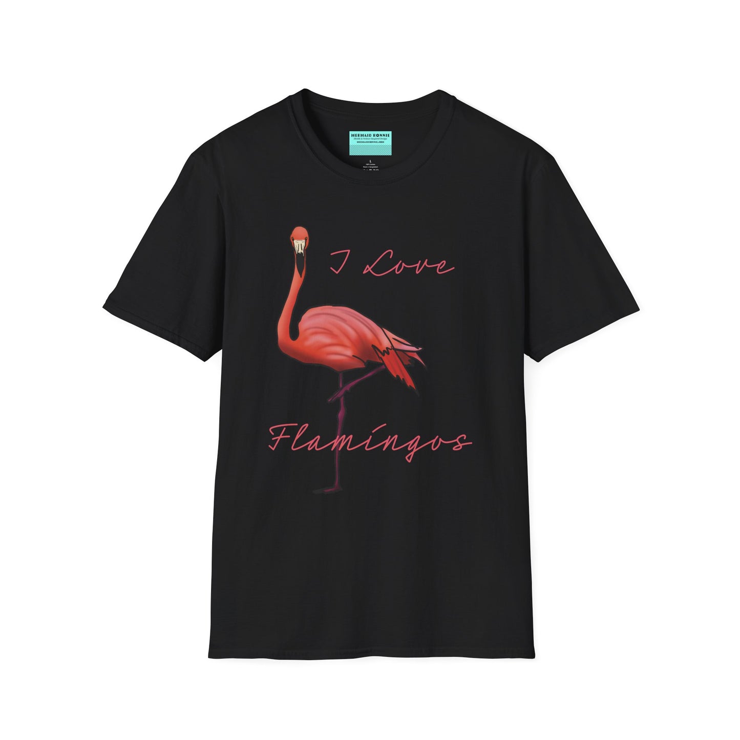 Black unisex short-sleeve tee with a fabulously pink flamingo strutting its stuff and the words “I love flamingos” — for anyone whose spirit animal stands on one leg.