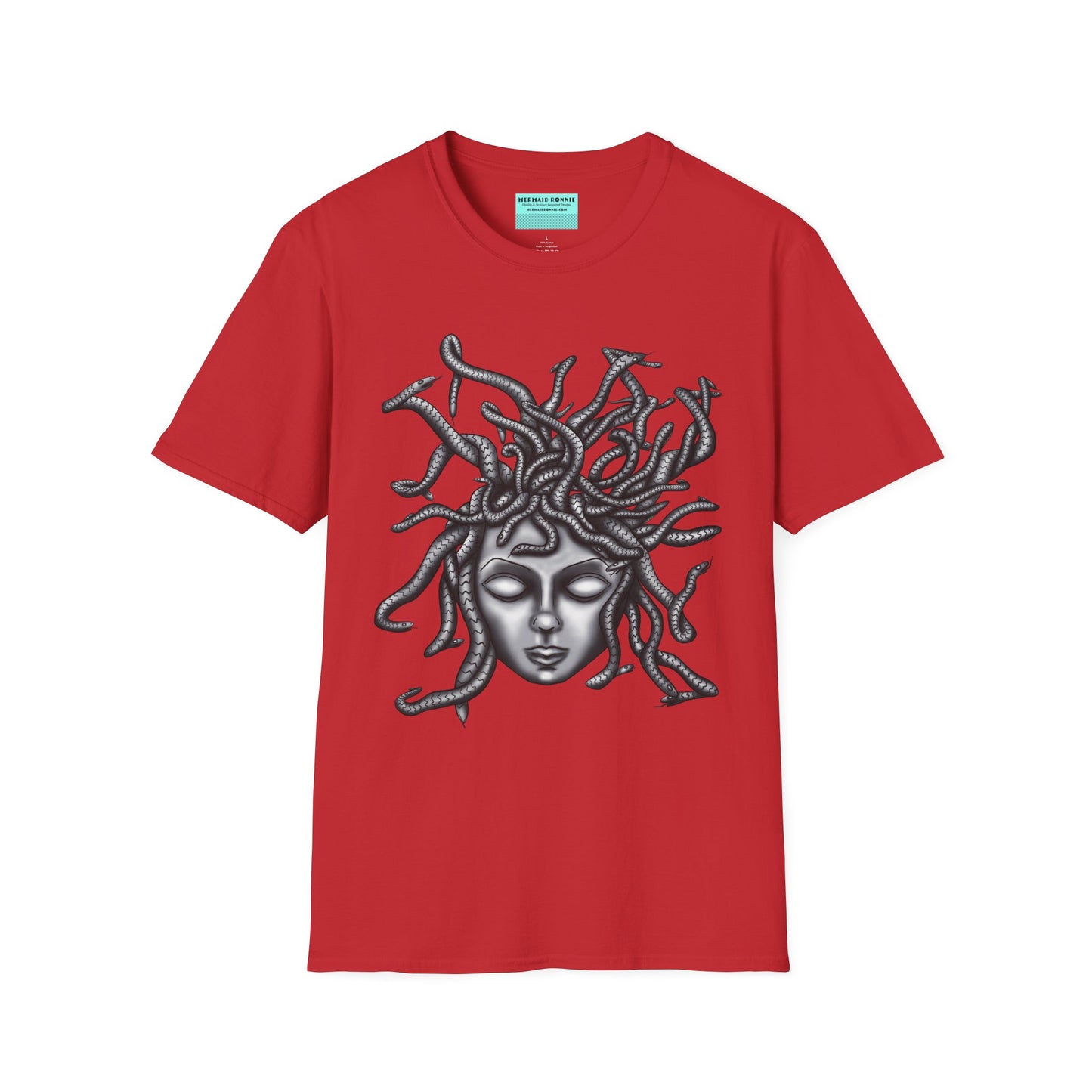 Red t-shirt featuring a grayscale drawing of Medusa.