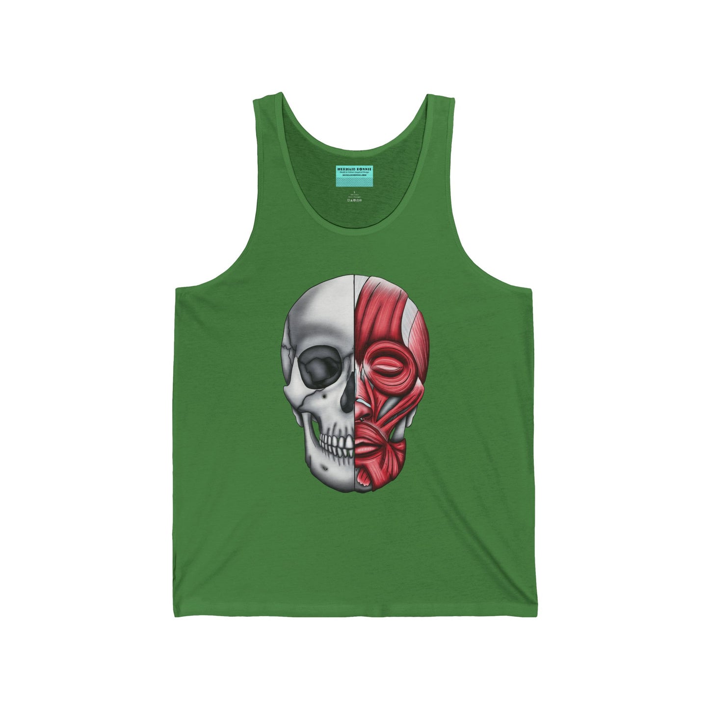 A light green unisex adult tank top with a detailed anatomical skull, half showing the bones and the other half revealing the facial muscles—because who doesn’t want to wear a little “muscle” with their style?