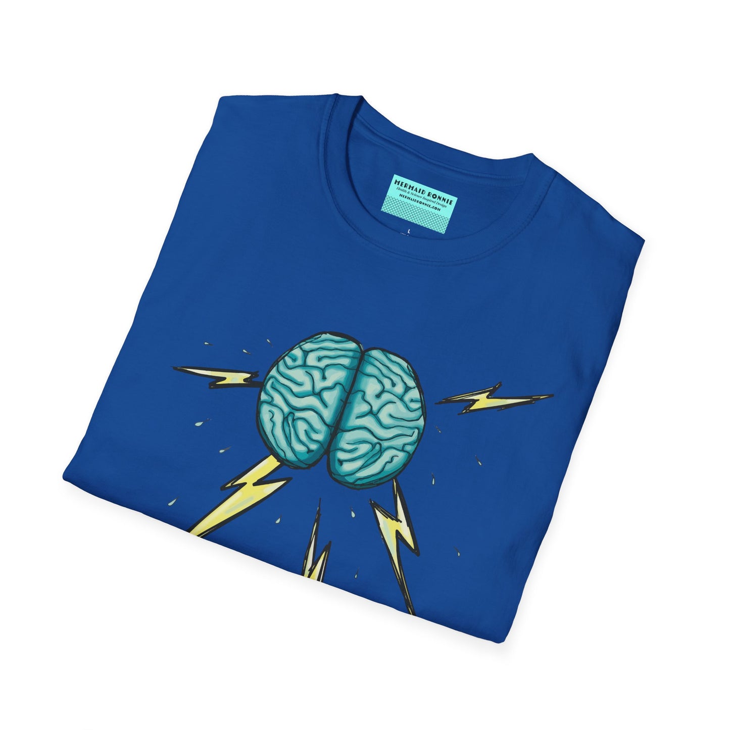Folded blue unisex short sleeve tee featuring an illustration of a brain with lightning bolts and rain pouring from it, giving a literal twist to the term "brainstorm"—because sometimes, even the best ideas need a little weathering!