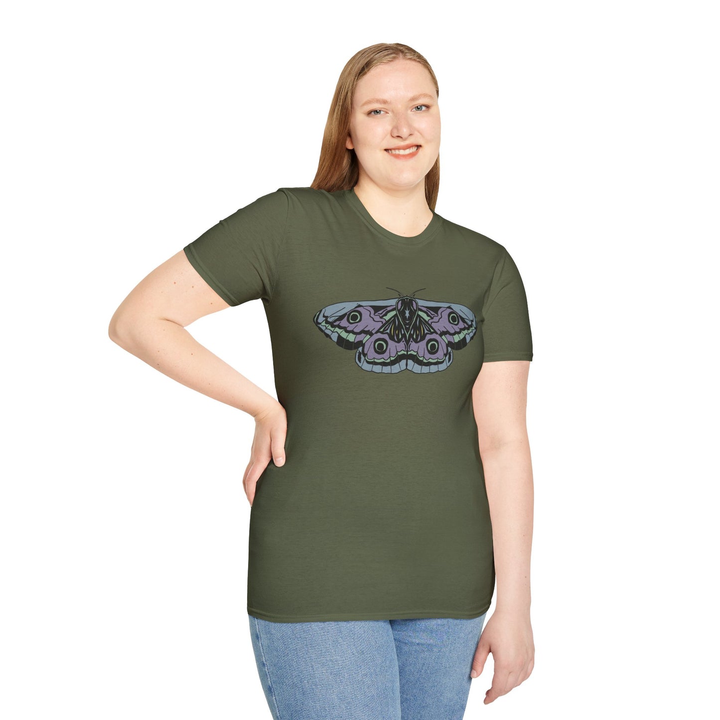 Woman wearing a green t-shirt featuring a drawing of a blue and purple moth.