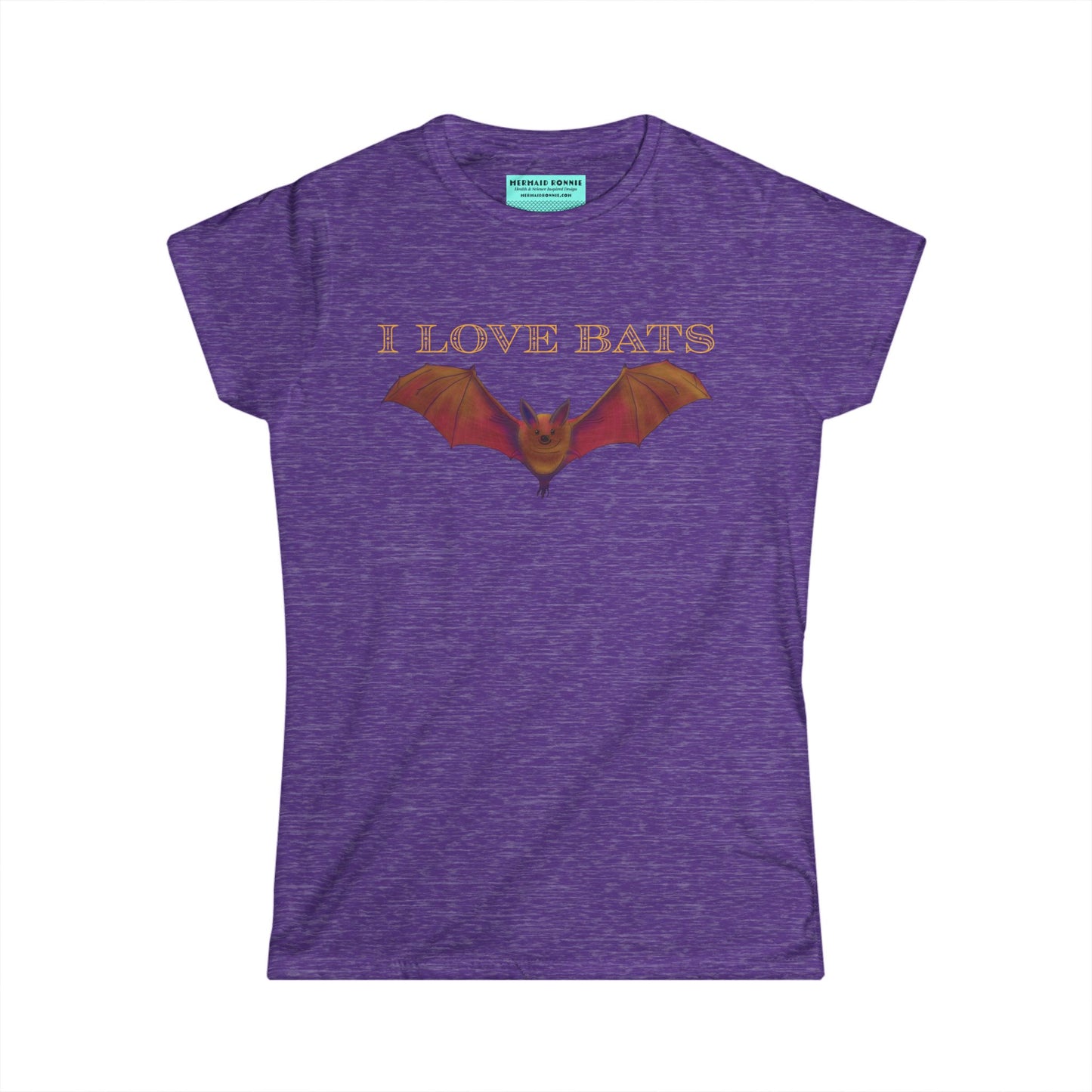 Women’s t-shirt in heather purple featuring a drawing of a brown bat and text that reads 'I love bats.'