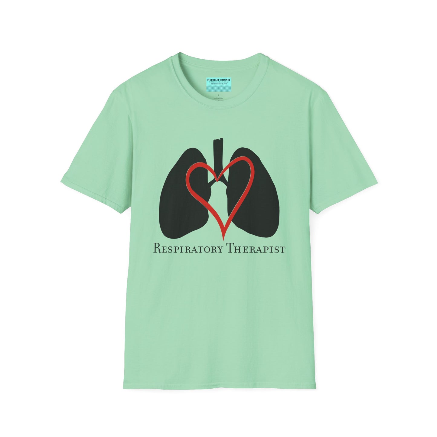 Mint green unisex short sleeve t-shirt with a graphic illustration of a heart and lungs; the words "respiratory therapist" are printed below the design.