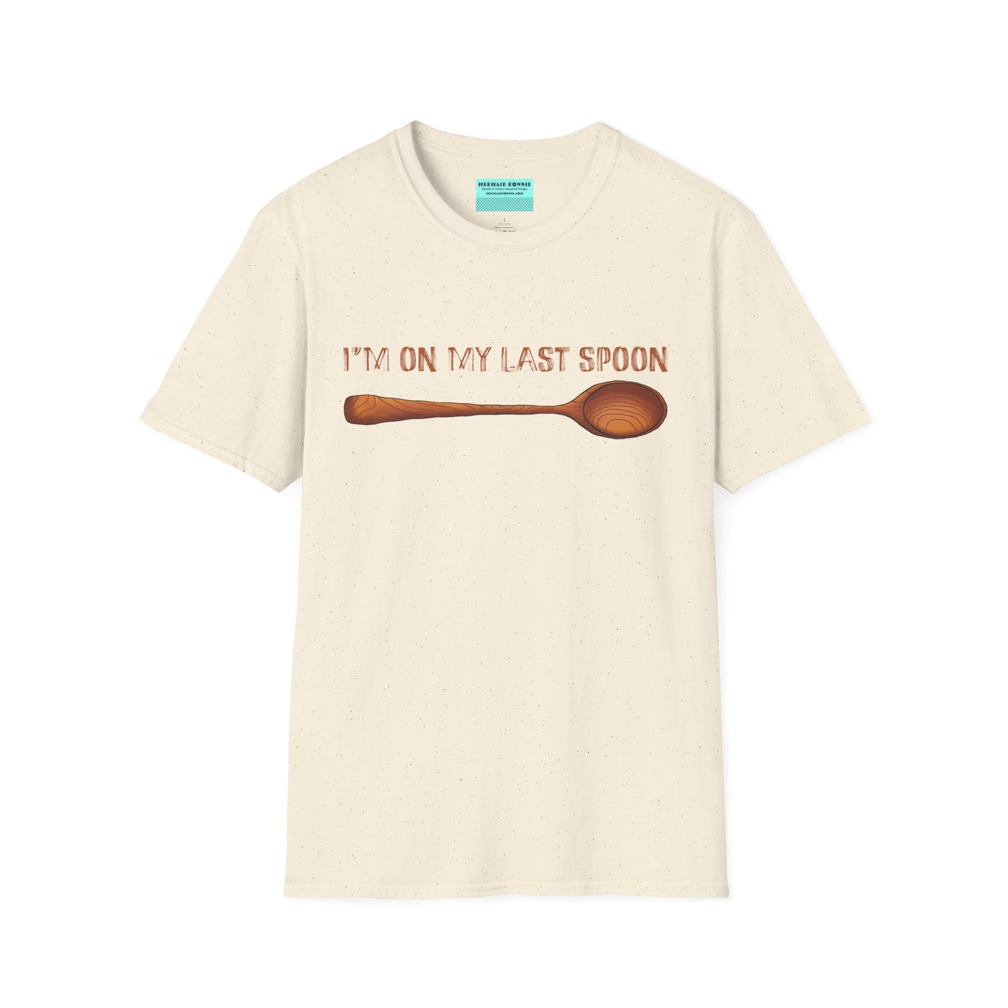 Beige t-shirt with an illustration of a wooden spoon and the phrase 'I'm on my last spoon' printed on the front.