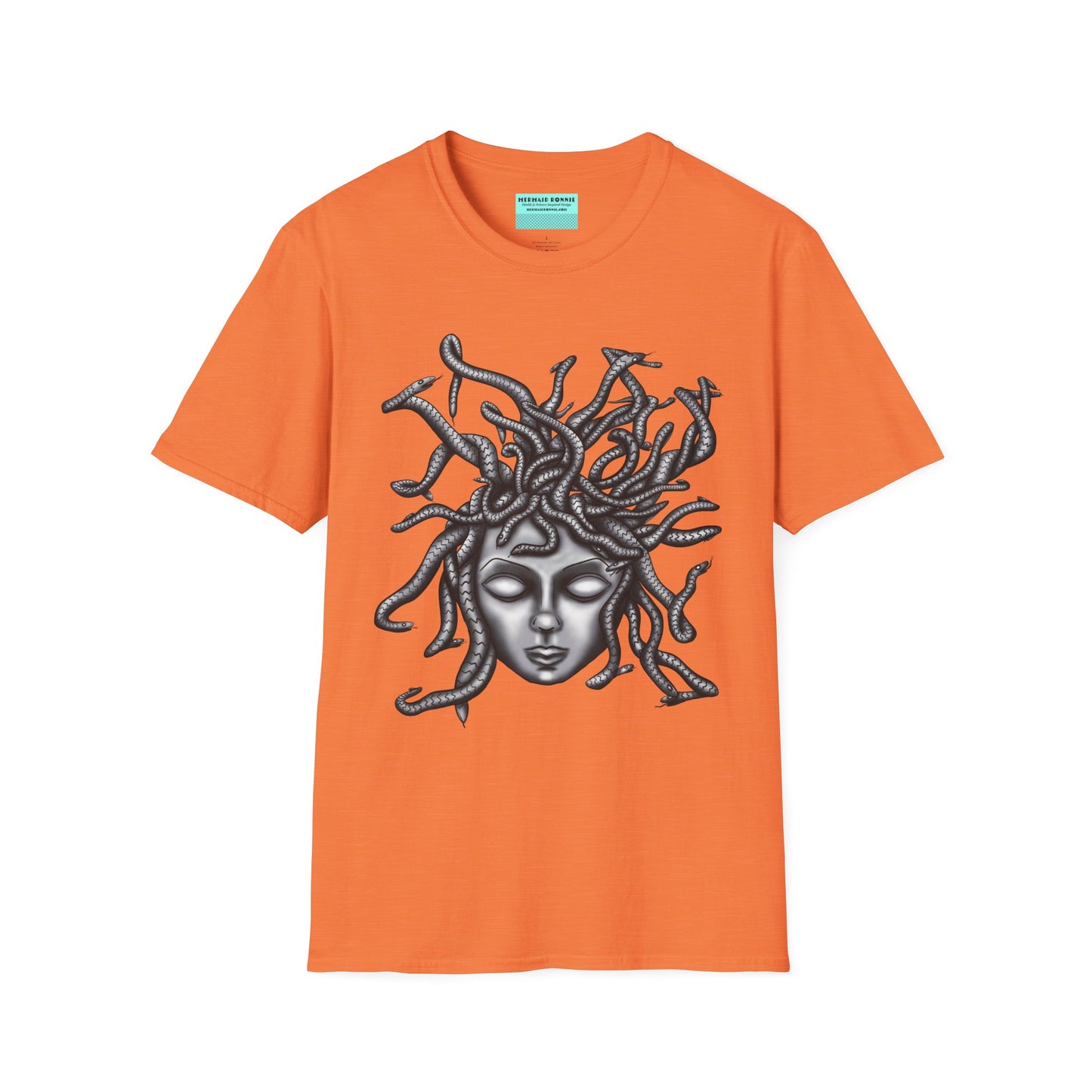 Light orange t-shirt featuring a grayscale drawing of Medusa.