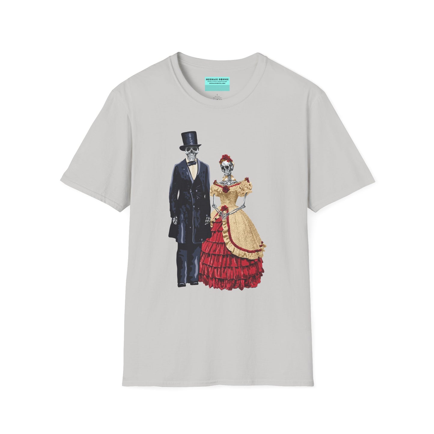 Grey t-shirt featuring skeletons dressed as Abraham and Mary Todd Lincoln, with the skeletons wearing period-specific clothing.