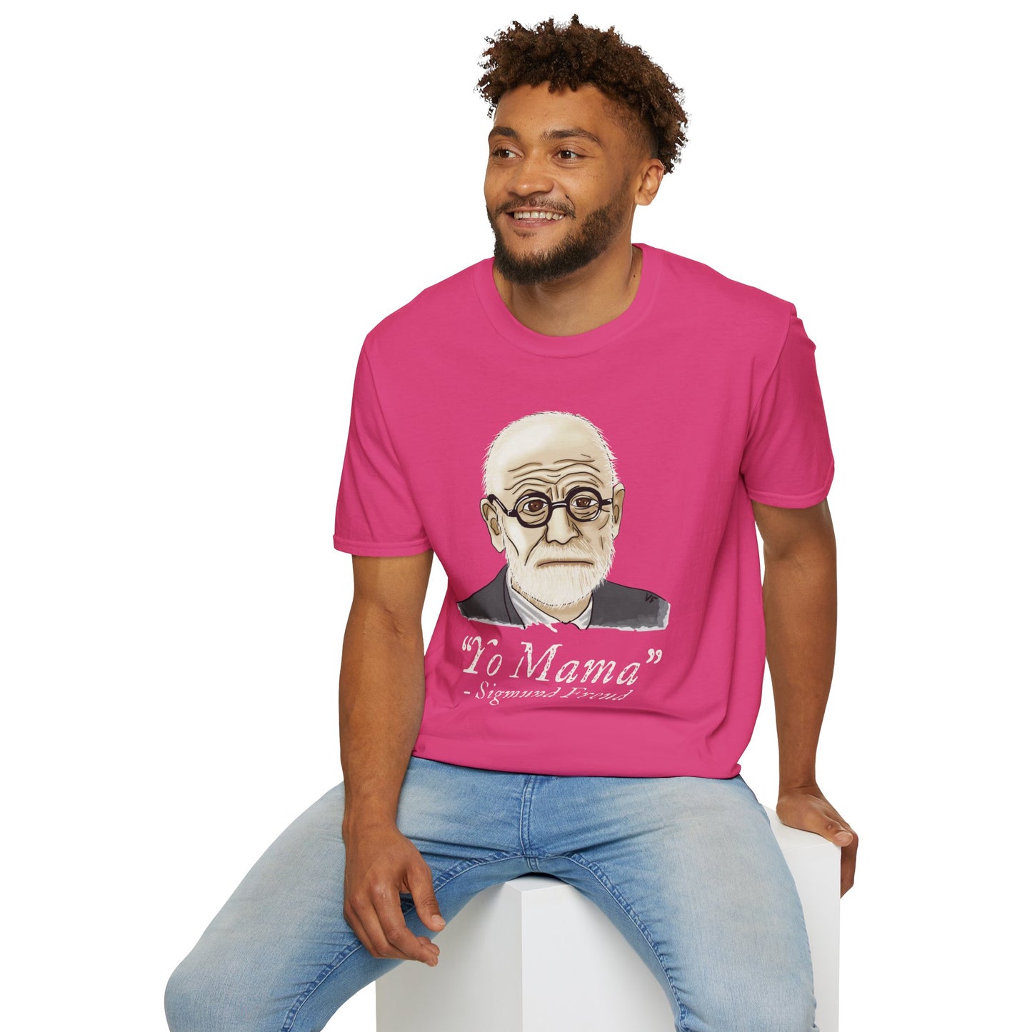 Man wearing a pink unisex short sleeve tee featuring a hand-drawn portrait of Sigmund Freud looking suspiciously insightful, with the phrase "Yo mama" playfully printed below—because sometimes, every complex issue really does go back to your mother.