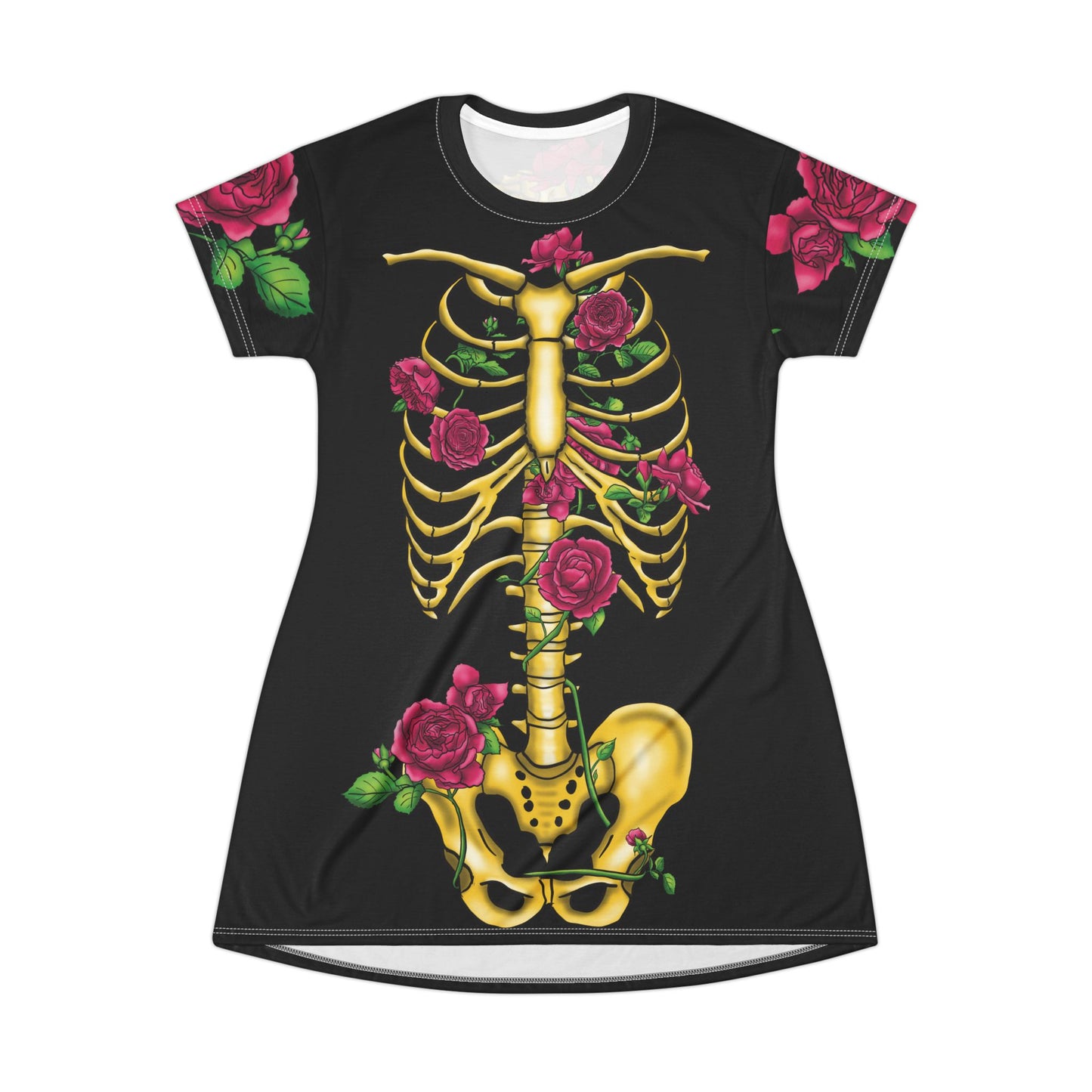 Anterior view of a black t-shirt dress featuring a gold anatomical illustration of the human skeleton on the back, adorned with blooming pink roses interwoven through the bones.