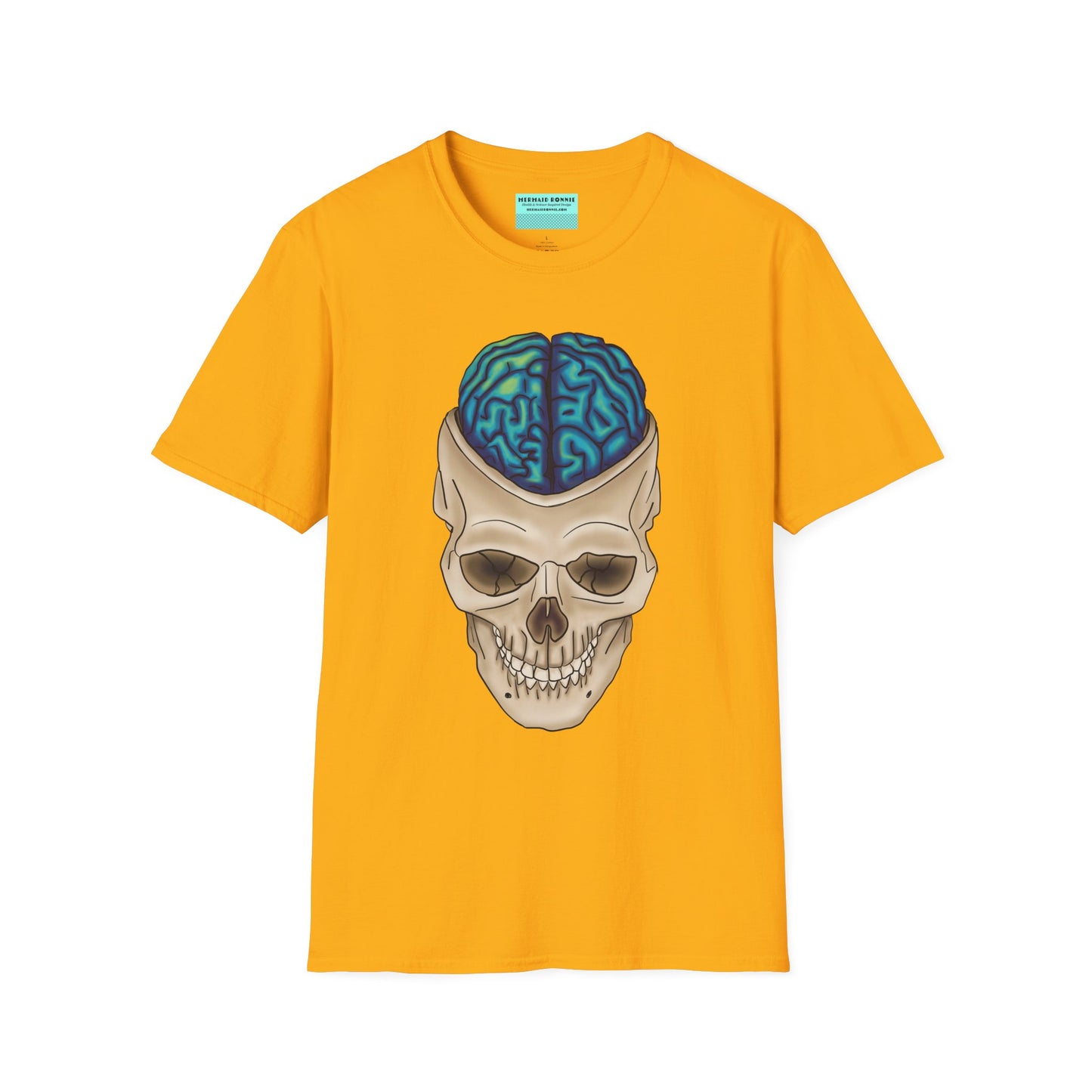 Yellow t-shirt featuring a drawing of an anatomical skull, with a brain emerging from the top.