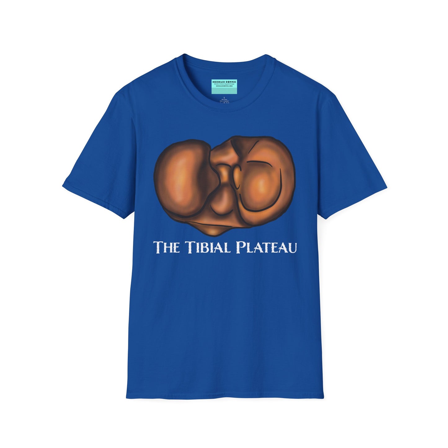 Royal blue unisex short sleeve tee featuring a clever anatomical illustration of the tibial plateau, reimagined as a landscape with rolling hills—because who knew the tibia could be so scenic?