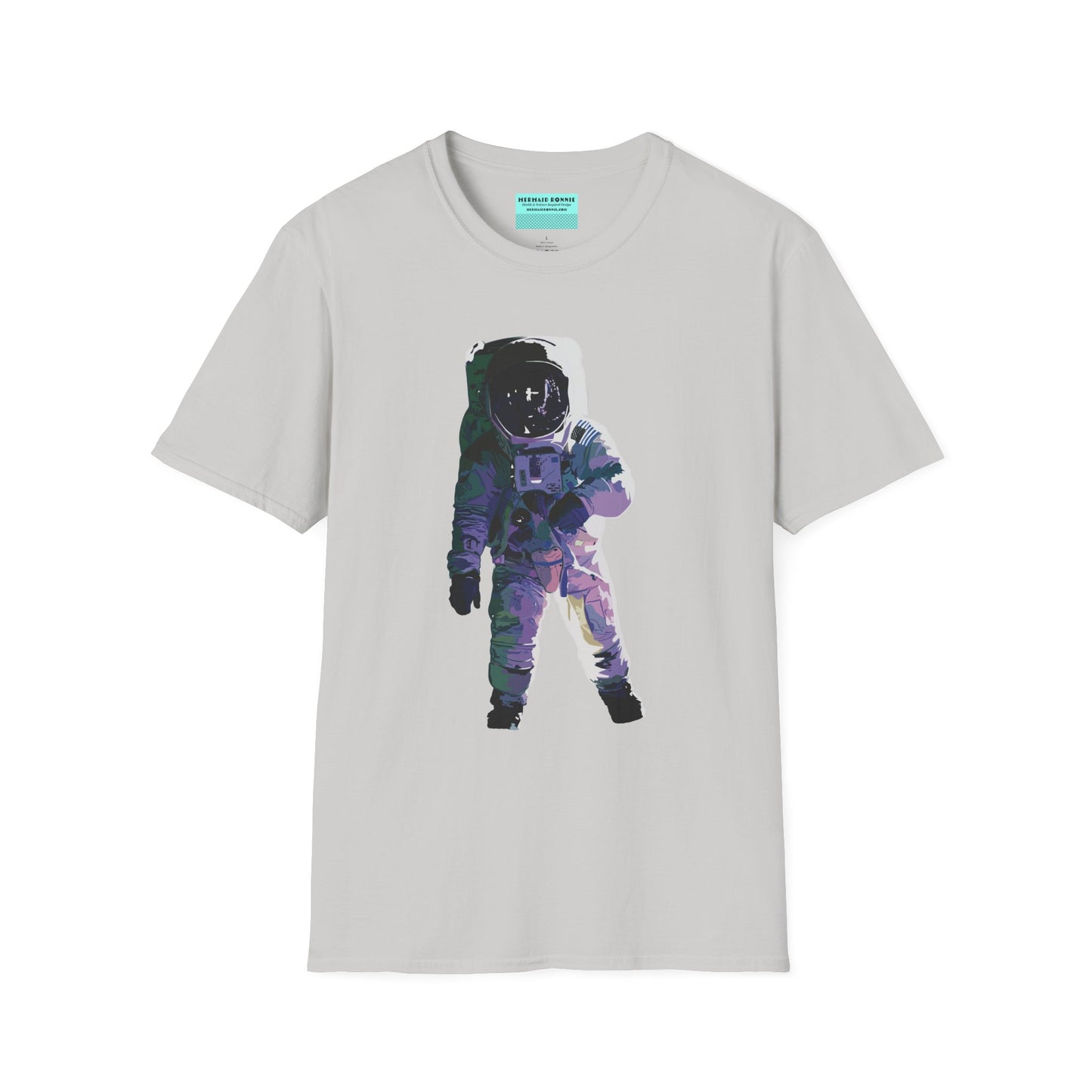 Grey t-shirt featuring a drawing of an astronaut in a space suit.