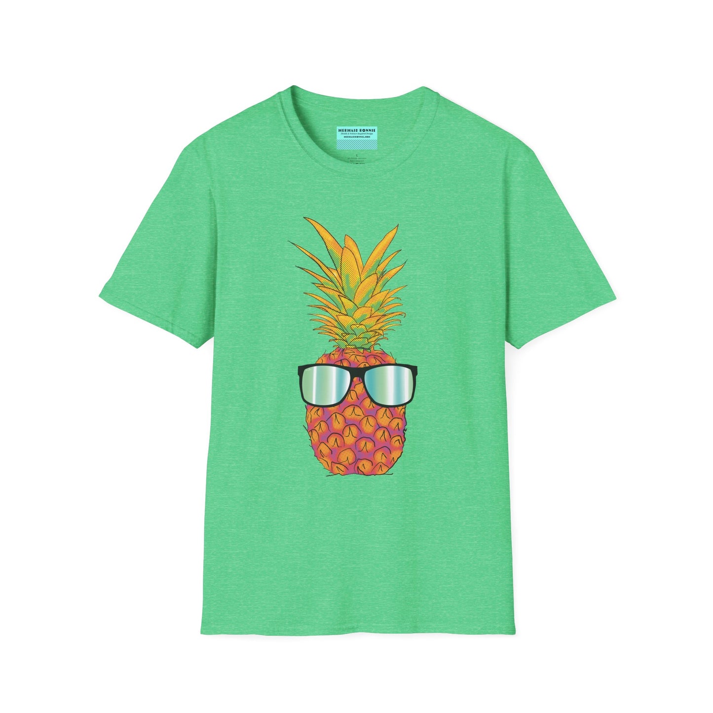Green t-shirt featuring a drawing of a pineapple wearing sunglasses.