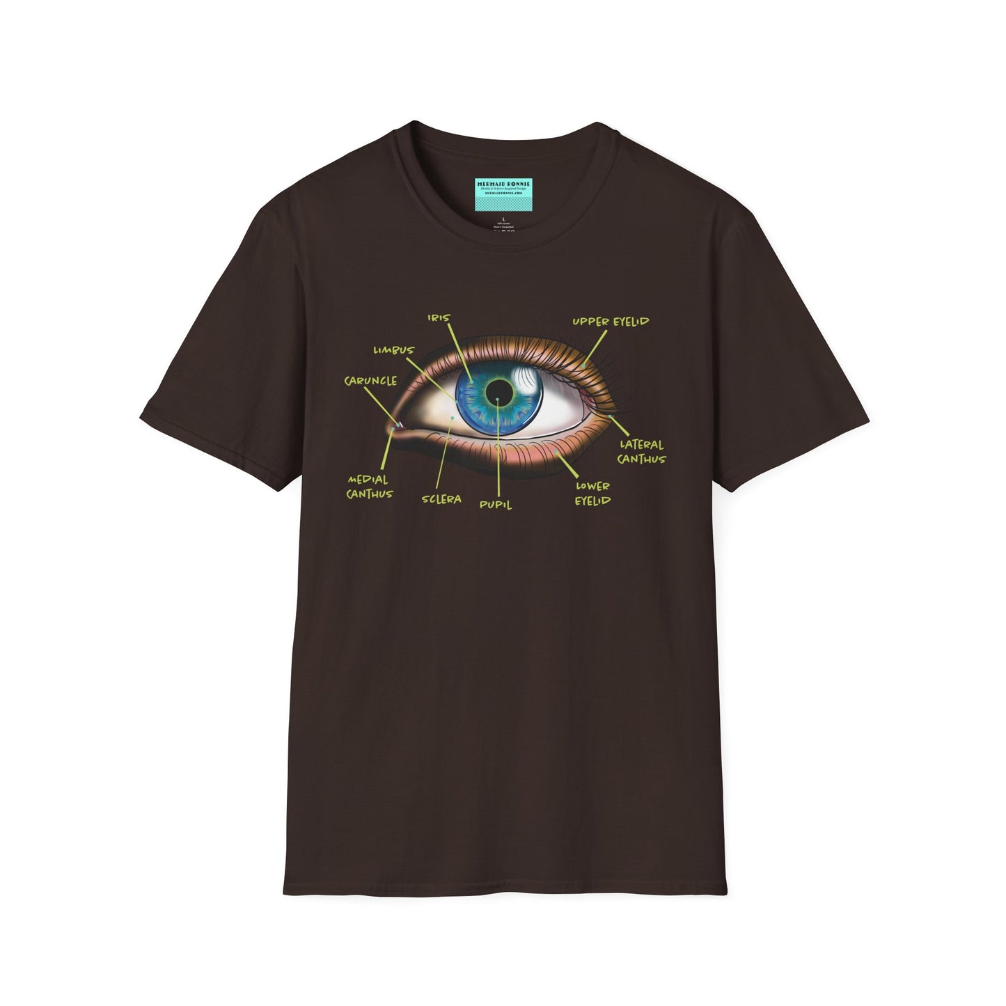Brown shirt featuring an anatomical diagram of an eye, with labeled parts of the eye displayed.