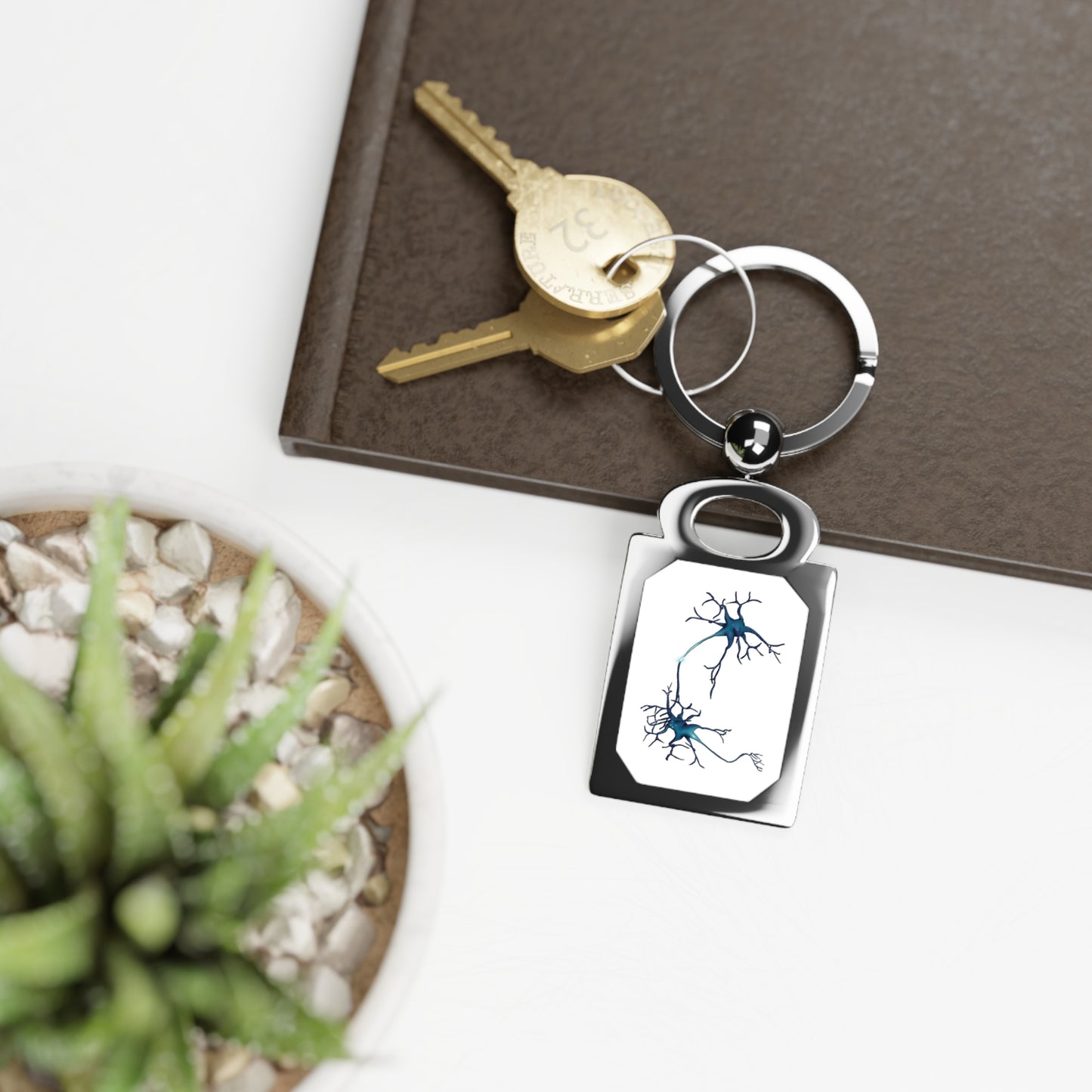 Rectangular silver frame keychain featuring a drawing of two blue neurons forming a synapse, set against a white background, is resting on a desk on top of a book, next to a plant.