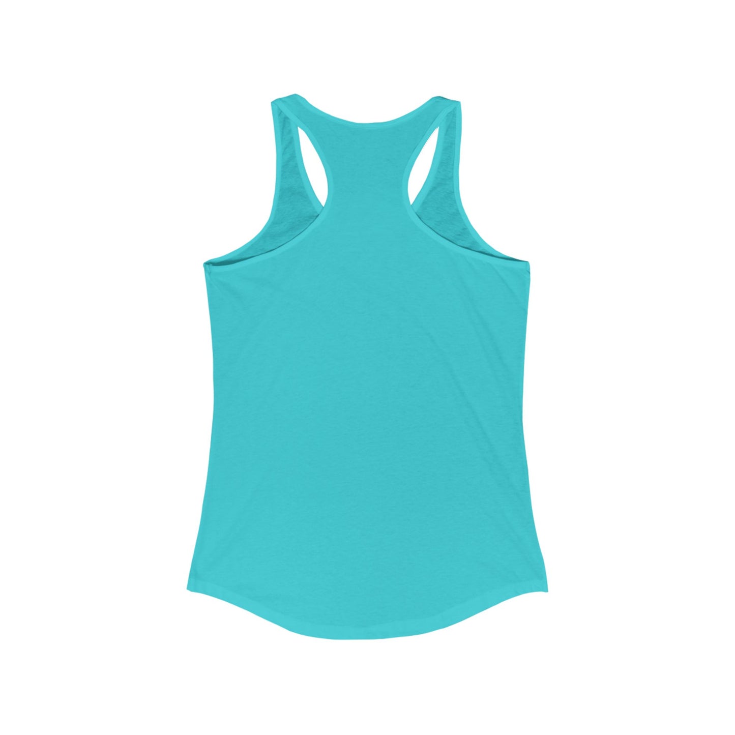The posterior view of a blue women's racerback tank top.