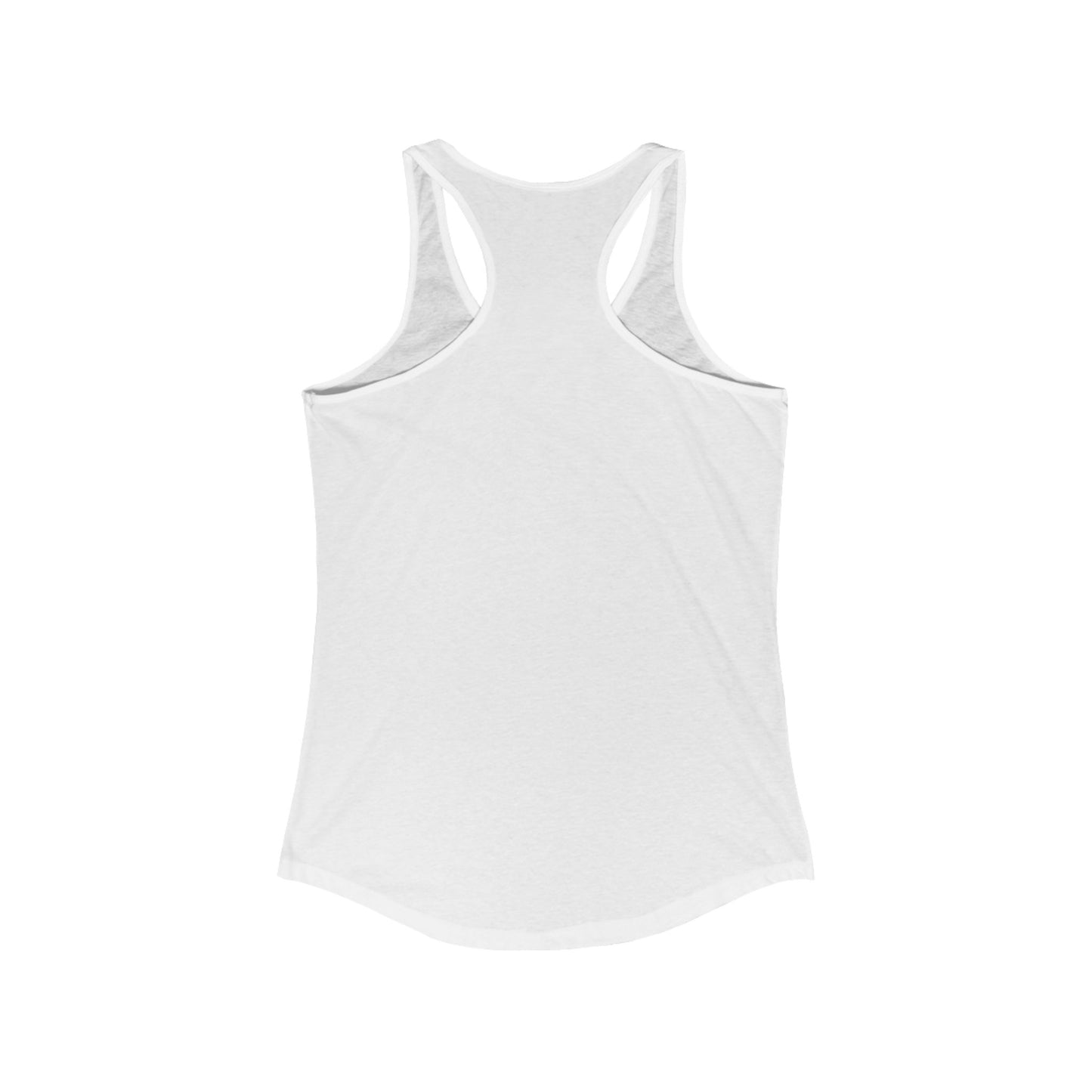 The posterior view of a white women's racerback tank top.