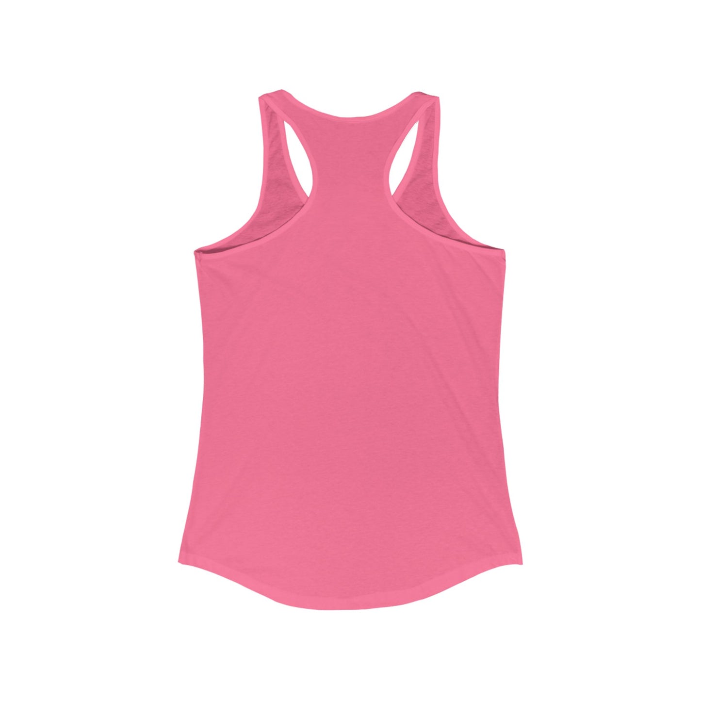 The posterior view of a pink women's racerback tank top.