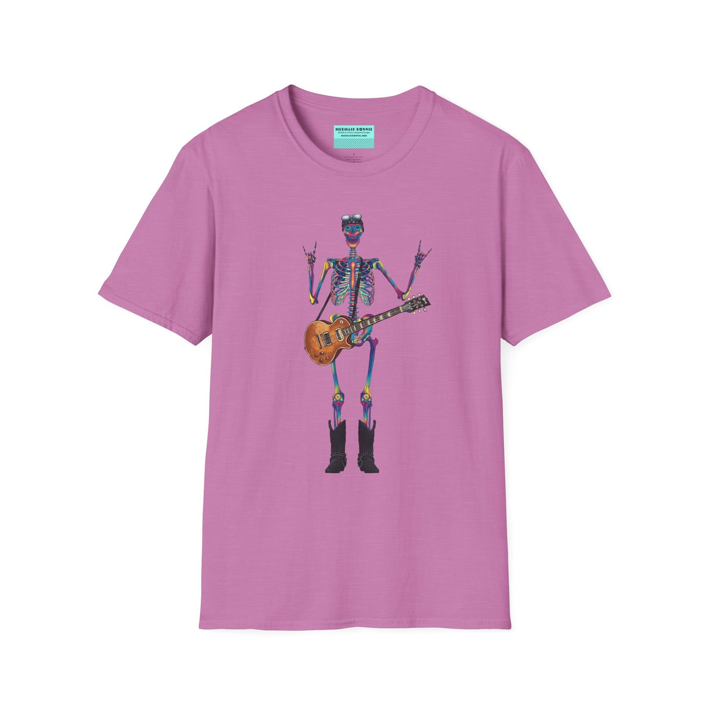 Light purple t-shirt featuring a tie-dye skeleton holding a guitar, dressed like a classic rocker with boots, a bandana, and rock-style clothing.