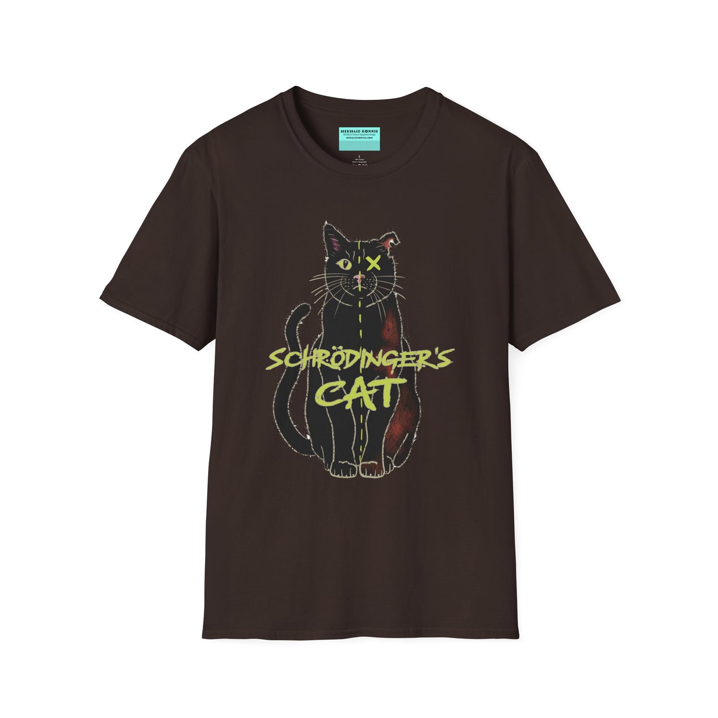 Brown unisex short-sleeve tee featuring the infamous Schrödinger’s cat—half-alive, half-dead, and fully committed to quantum confusion. The feline paradox lounges proudly beneath the words "Schrödinger's Cat," because science jokes are both alive and kicking and six feet under.