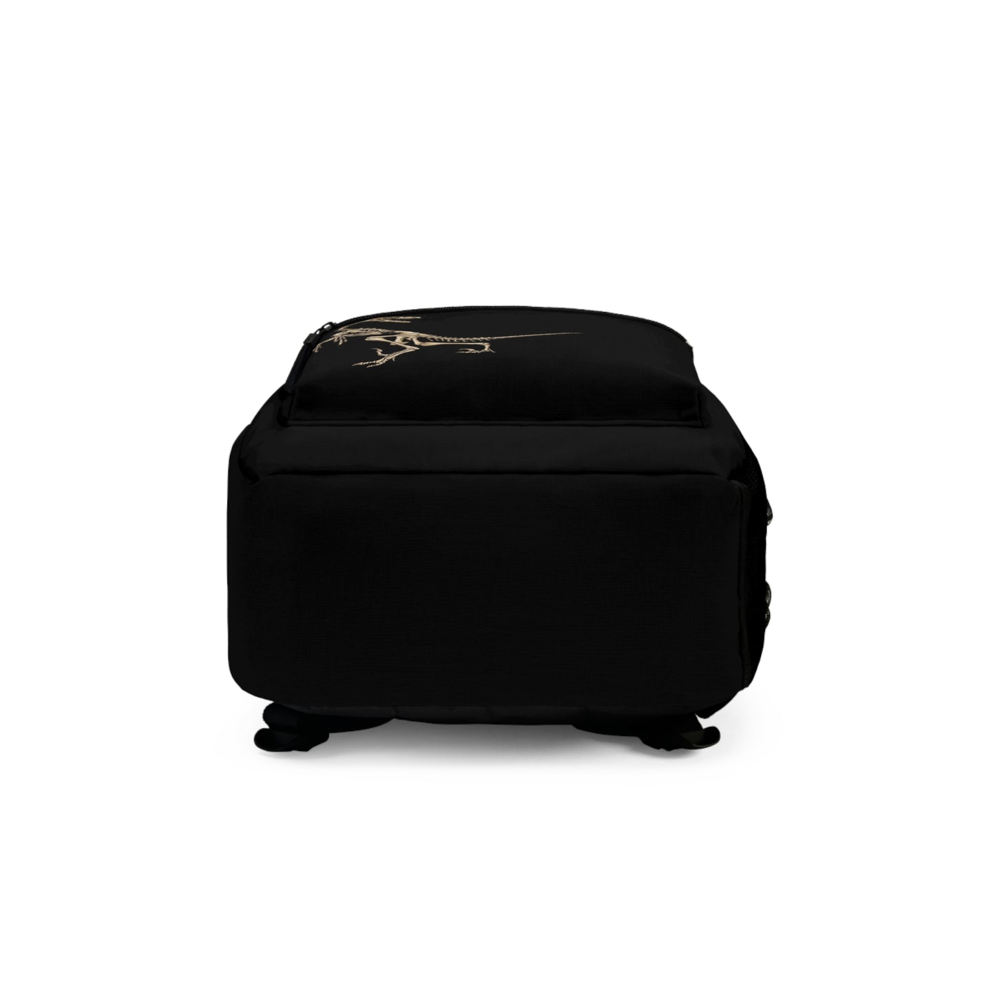 Bottom view of a black backpack featuring illustrations of two velociraptor skeletons in a dynamic, fossil-style design