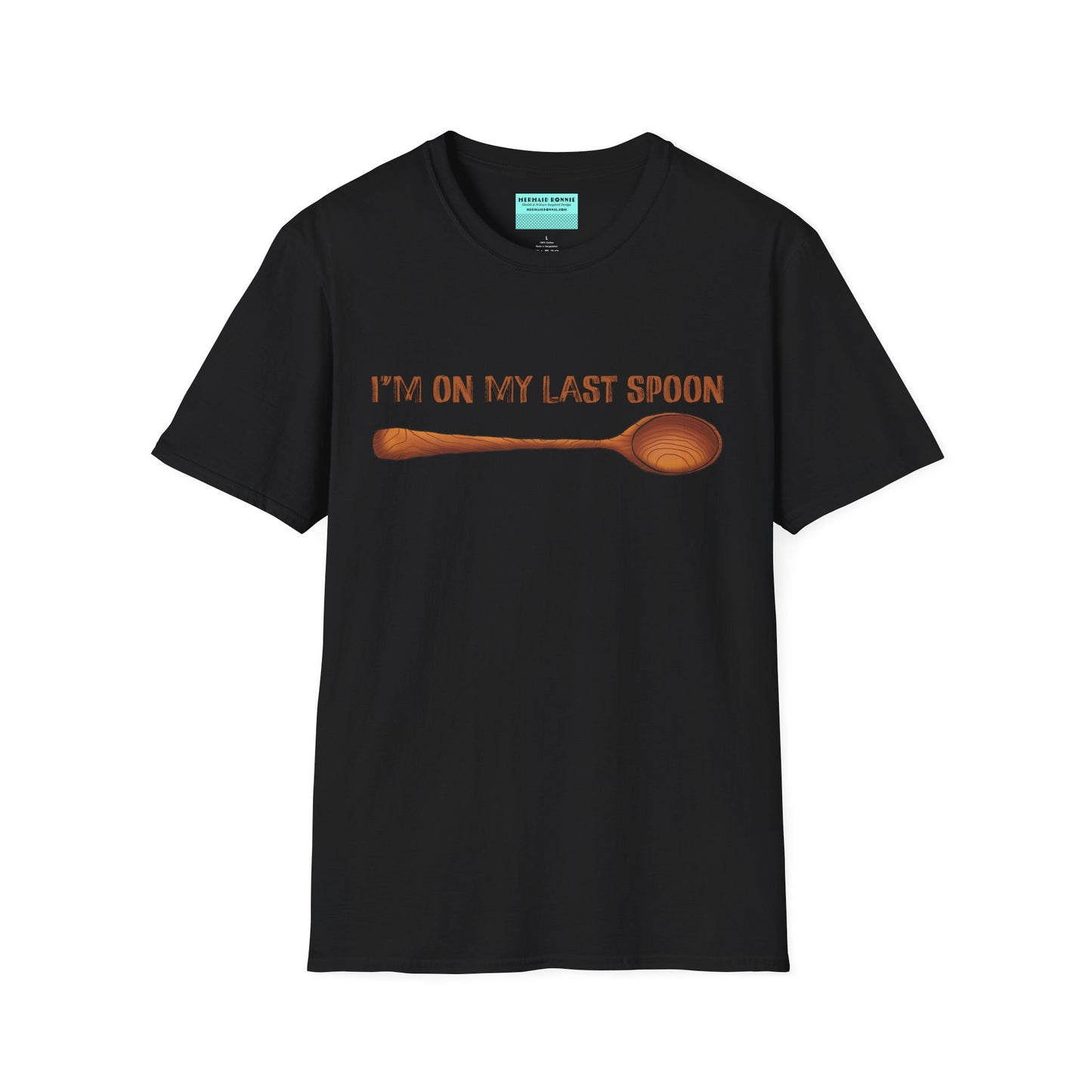 Black t-shirt with an illustration of a wooden spoon and the phrase 'I'm on my last spoon' printed on the front.