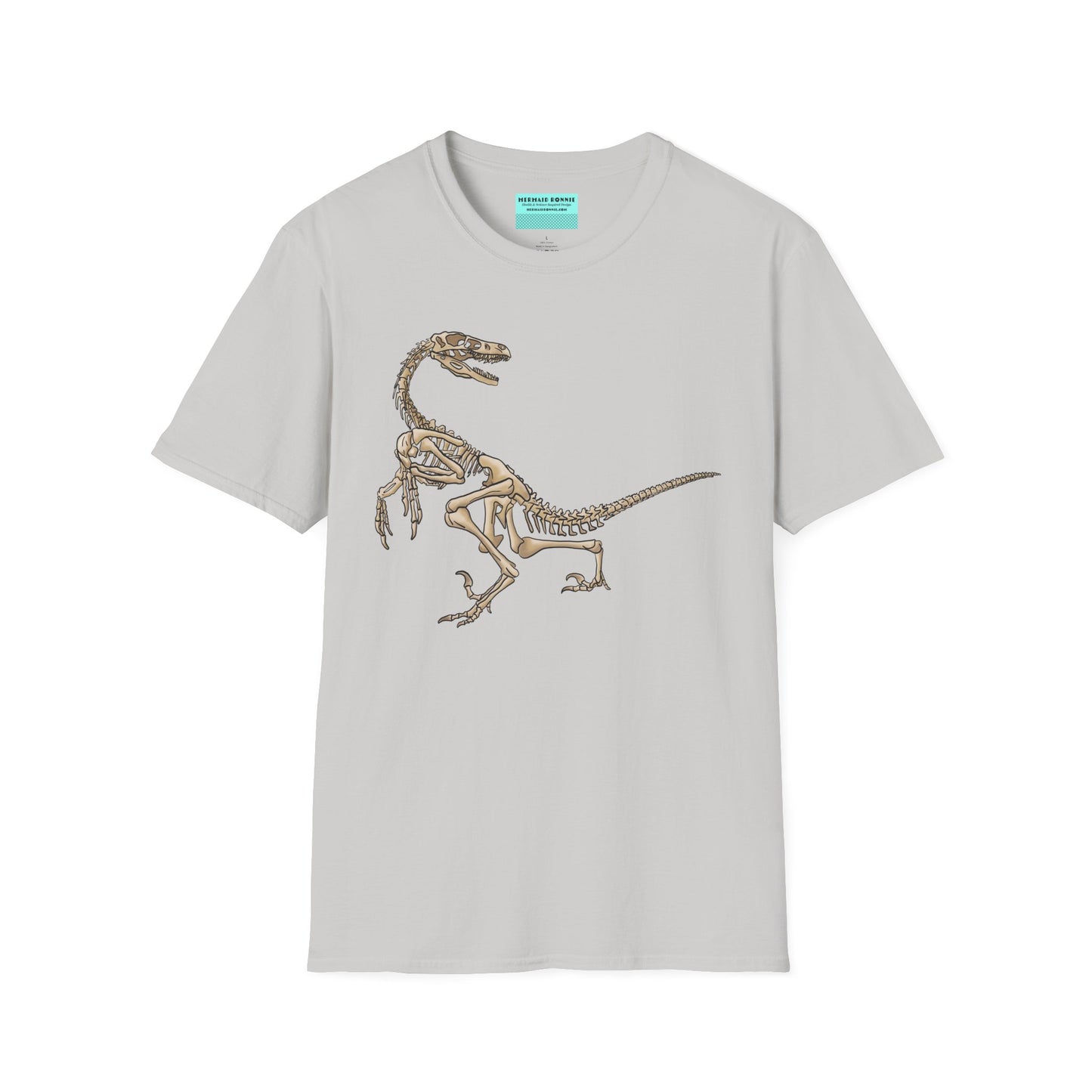 Light grey unisex short sleeve t-shirt with a fierce velociraptor skeleton strutting across the chest—because who says extinct can’t be stylish?