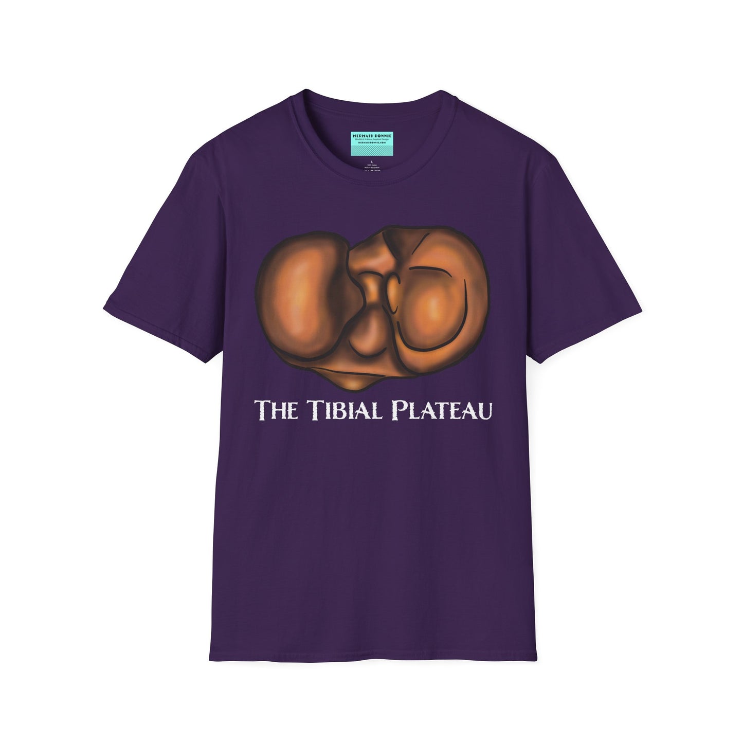 Purple unisex short sleeve tee featuring a clever anatomical illustration of the tibial plateau, reimagined as a landscape with rolling hills—because who knew the tibia could be so scenic?