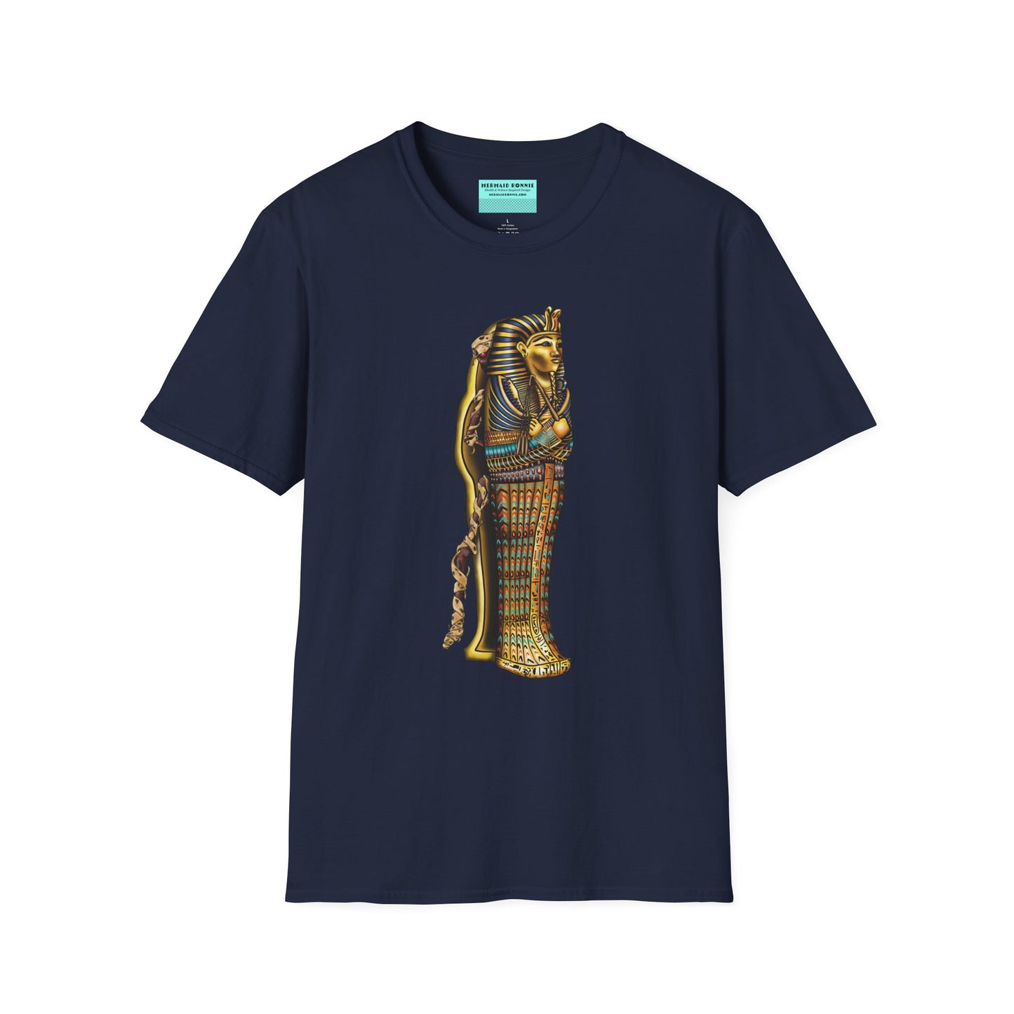 Navy t-shirt featuring an illustration of an Egyptian sarcophagus, with a mummy stepping out of it and glowing red eyes.