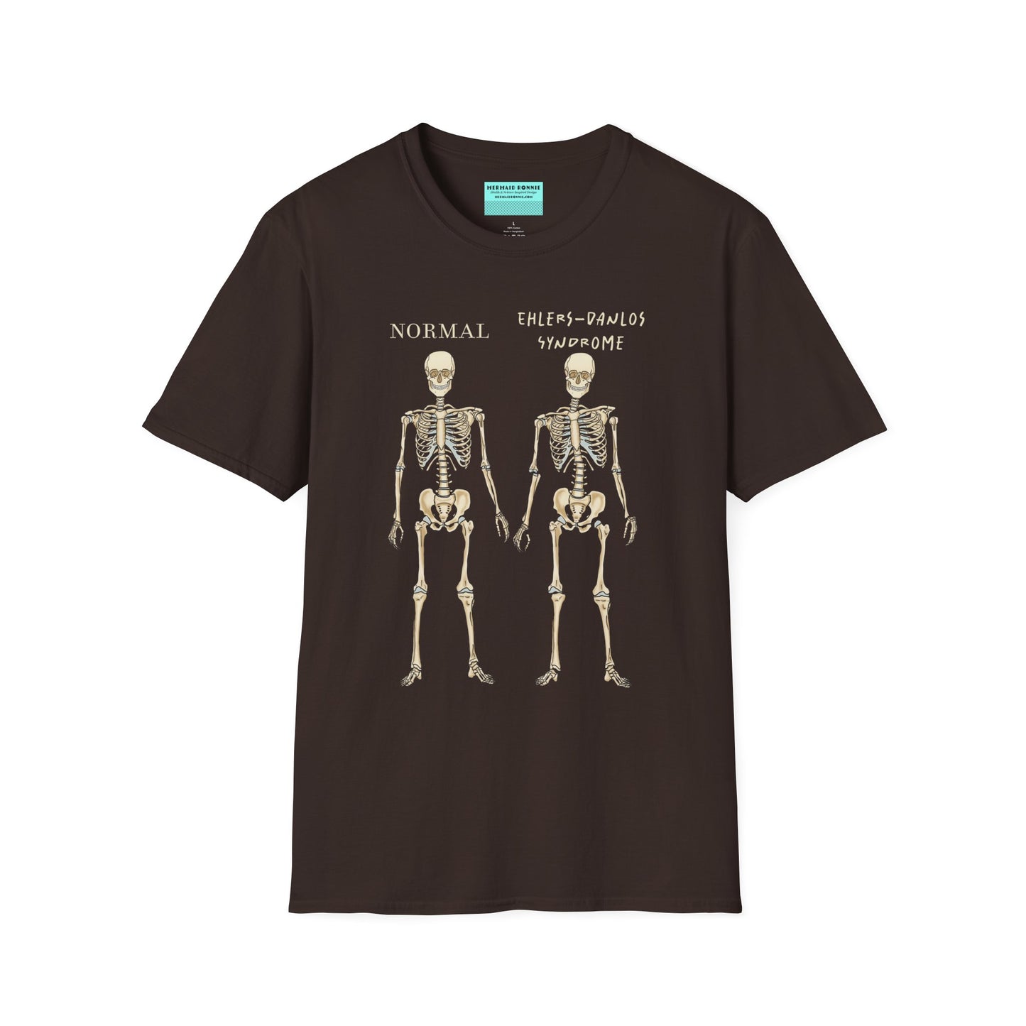 Brown unisex short sleeve t-shirt featuring two skeletons side by side—one labeled "normal," the other "Ehlers-Danlos Syndrome"—because connective tissue disorders deserve more visibility (and maybe a sense of humor, too).