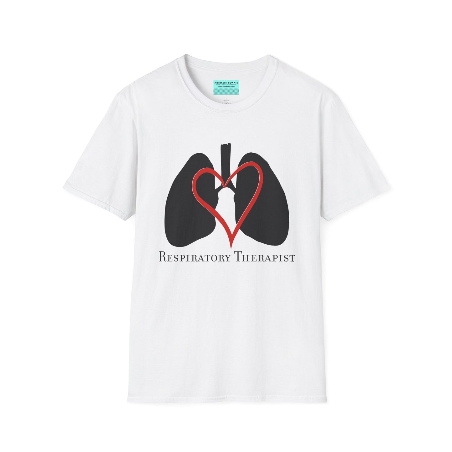 White unisex short sleeve t-shirt with a graphic illustration of a heart and lungs; the words "respiratory therapist" are printed below the design.