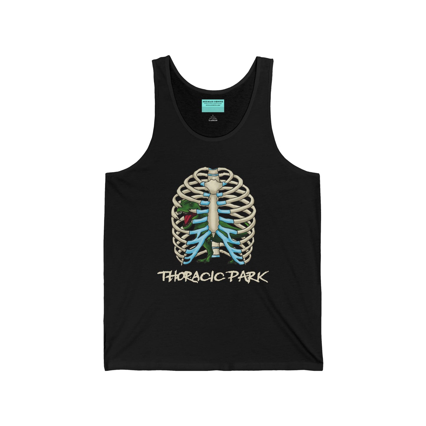 A black unisex tank top featuring a ribcage with a T-Rex inside, and the punny text "Thoracic Park"—perfect for fans of both dino-sized humor and anatomy!