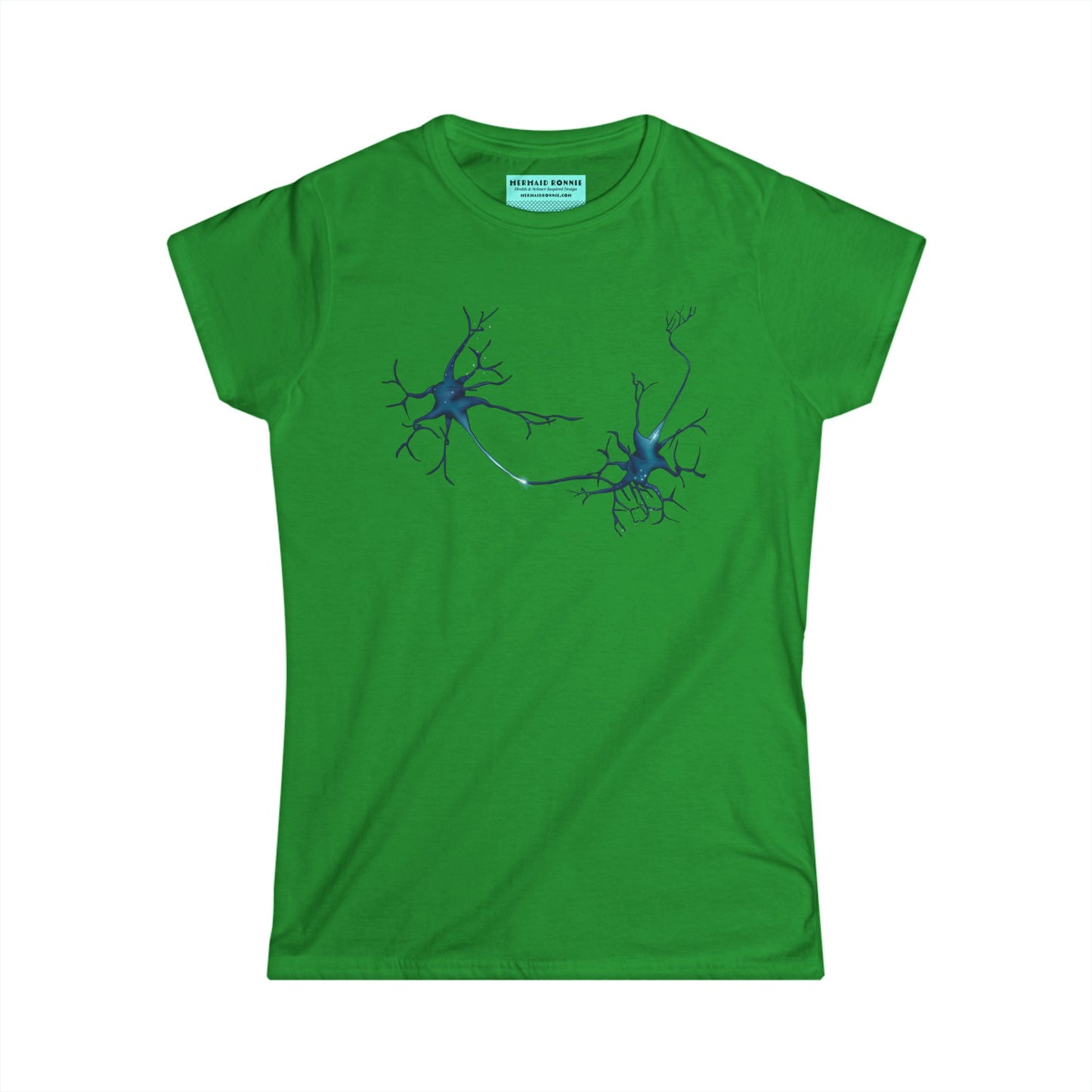 Women’s t-shirt in green featuring an illustration of two multipolar neurons forming a synapse.