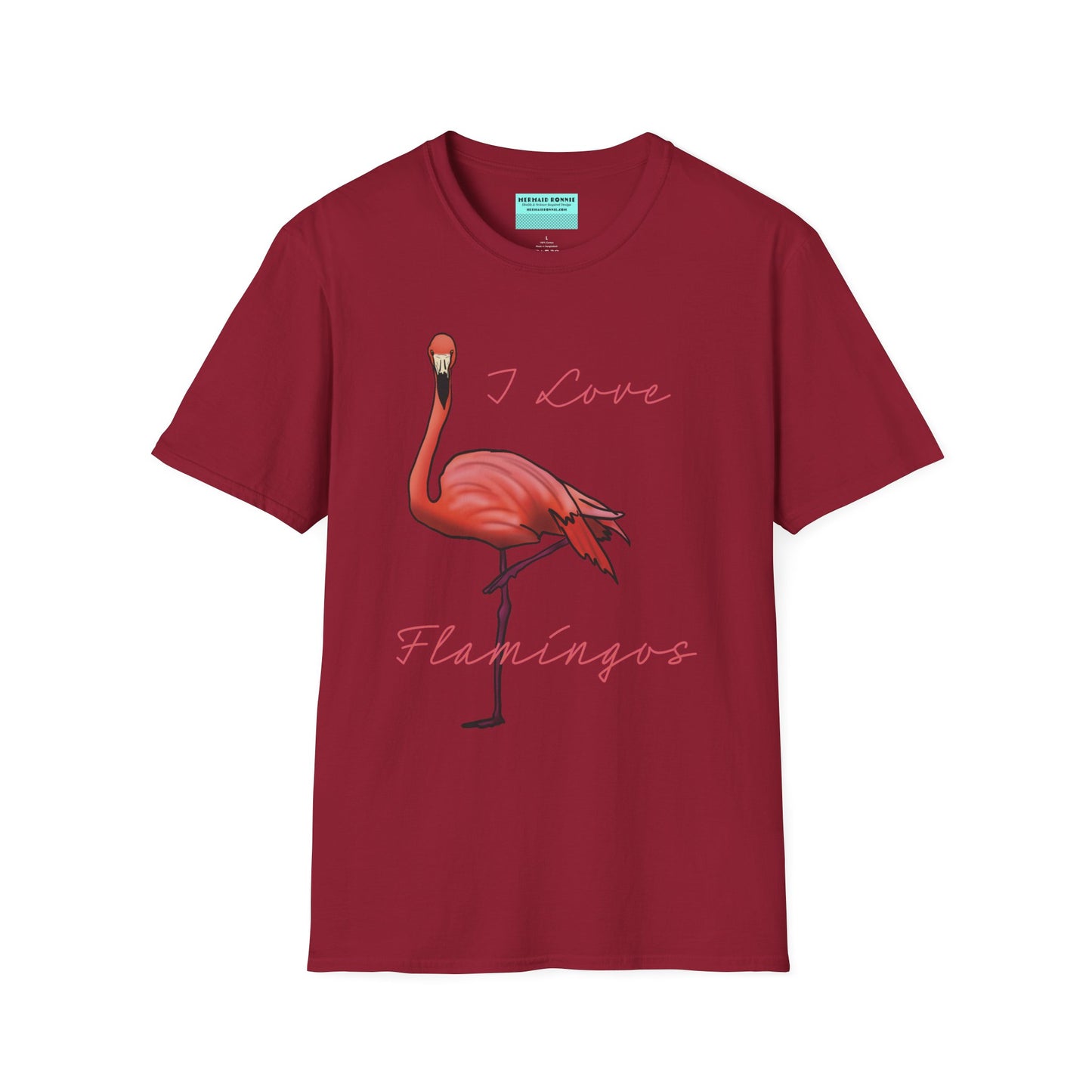 Red unisex short-sleeve tee with a fabulously pink flamingo strutting its stuff and the words “I love flamingos” — for anyone whose spirit animal stands on one leg.