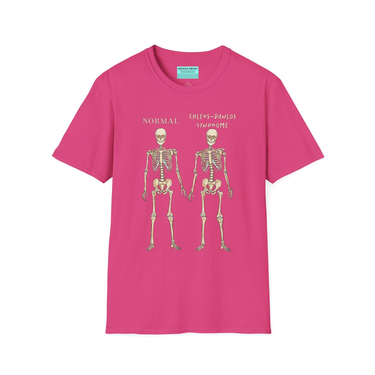 Pink unisex short sleeve t-shirt featuring two skeletons side by side—one labeled "normal," the other "Ehlers-Danlos Syndrome"—because connective tissue disorders deserve more visibility (and maybe a sense of humor, too).