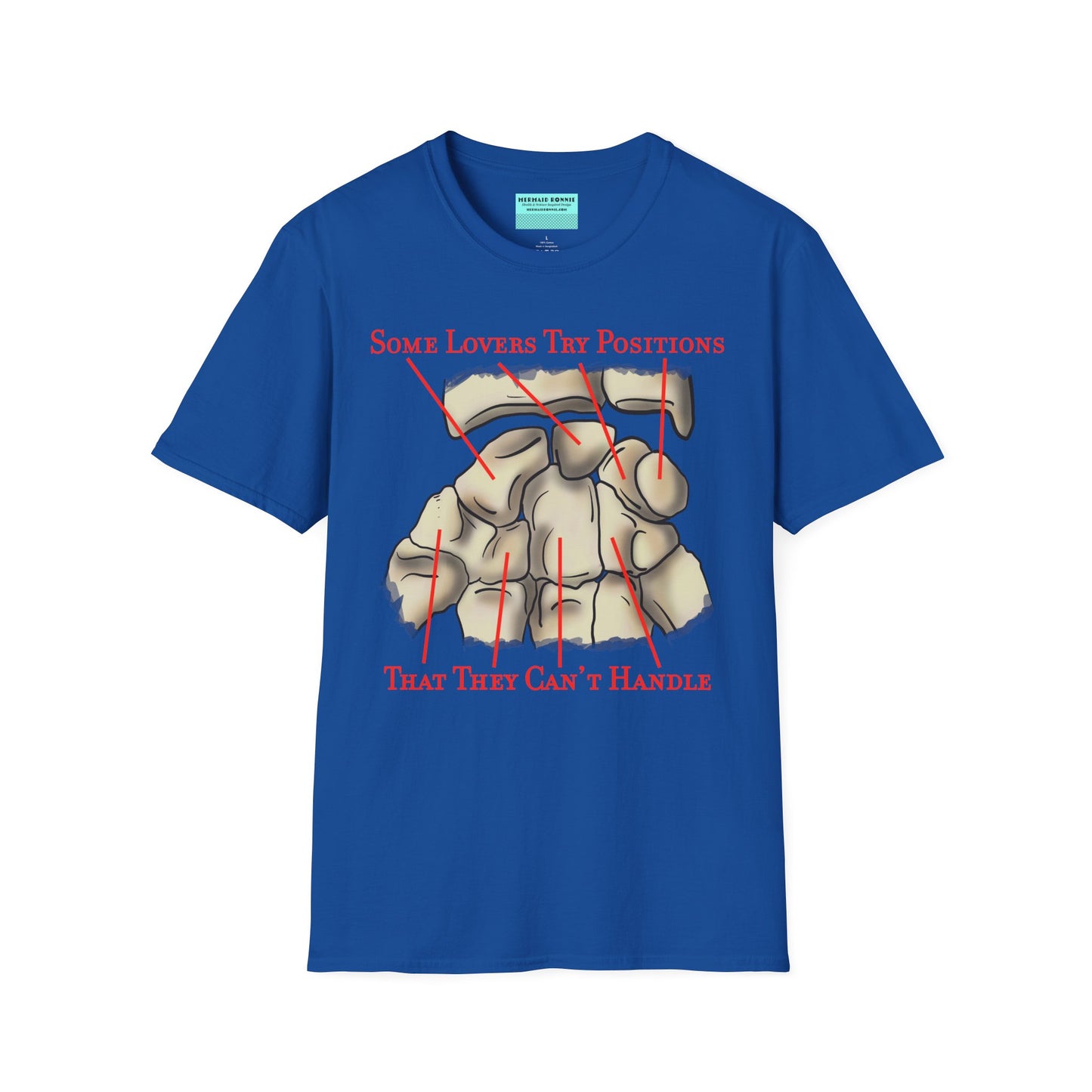 Royal blue t-shirt featuring an anatomical drawing of the carpal bones, with the mnemonic 'Some lovers try positions that they can't handle' displayed.