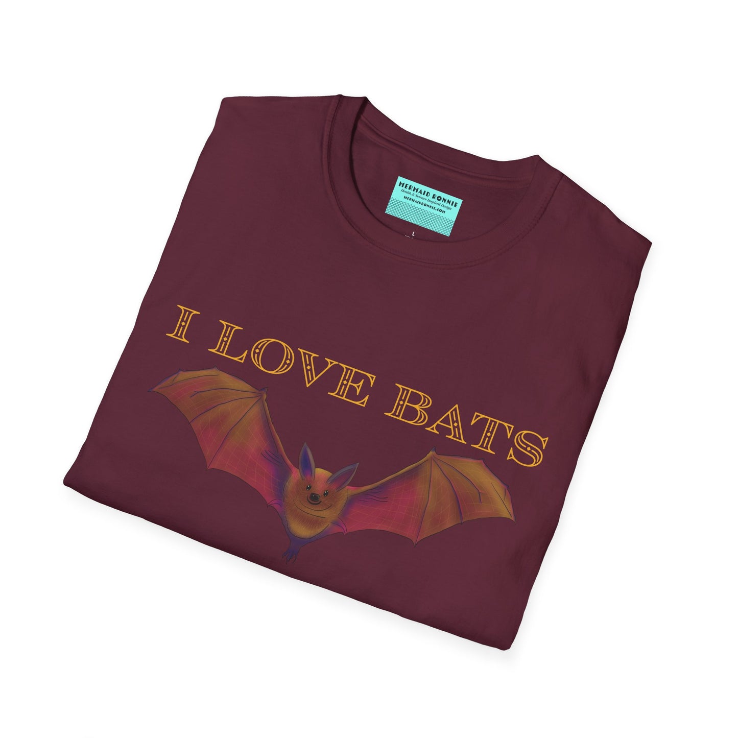 Folded burgundy t-shirt featuring an irresistibly adorable brown bat with outstretched wings across the chest and the text “I love bats” — perfect for anyone who’s batty about flying mammals.
