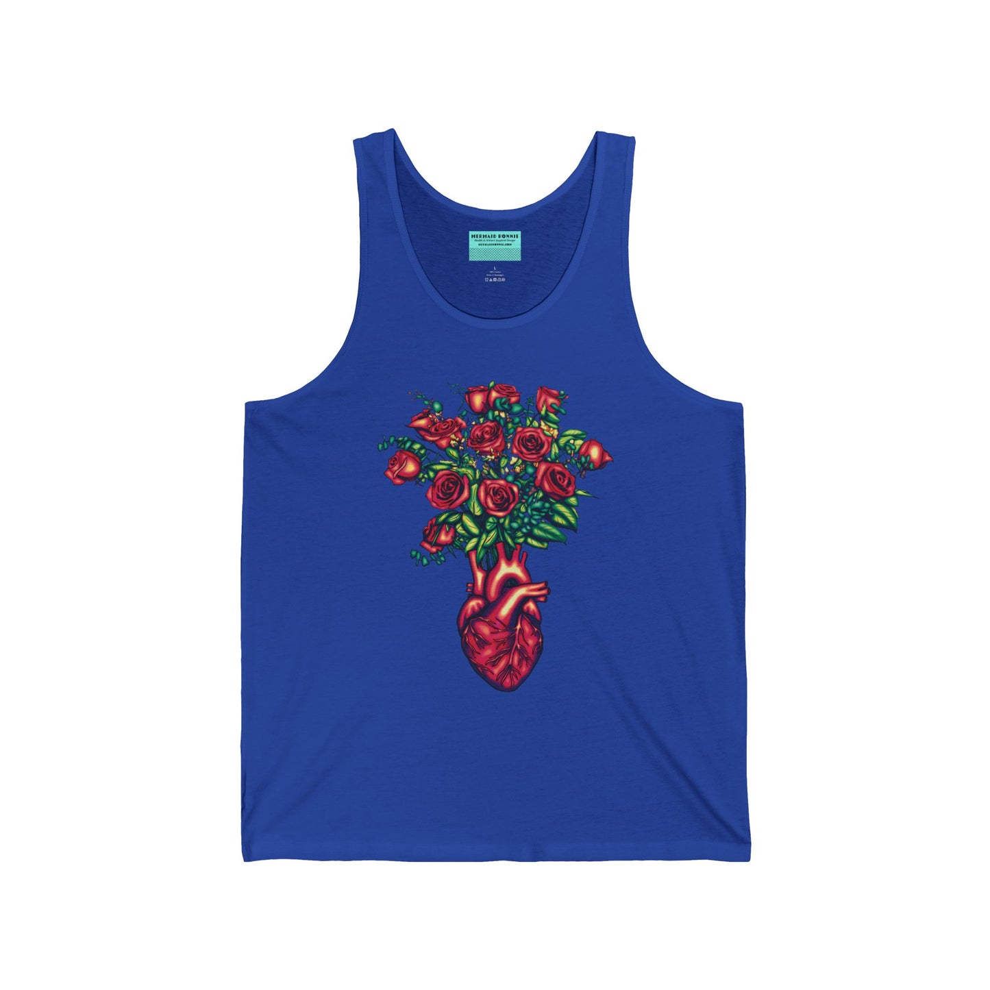 Royal blue unisex tank top featuring an illustration of an anatomical heart used as a vase, with a bouquet of red roses blooming from the top.