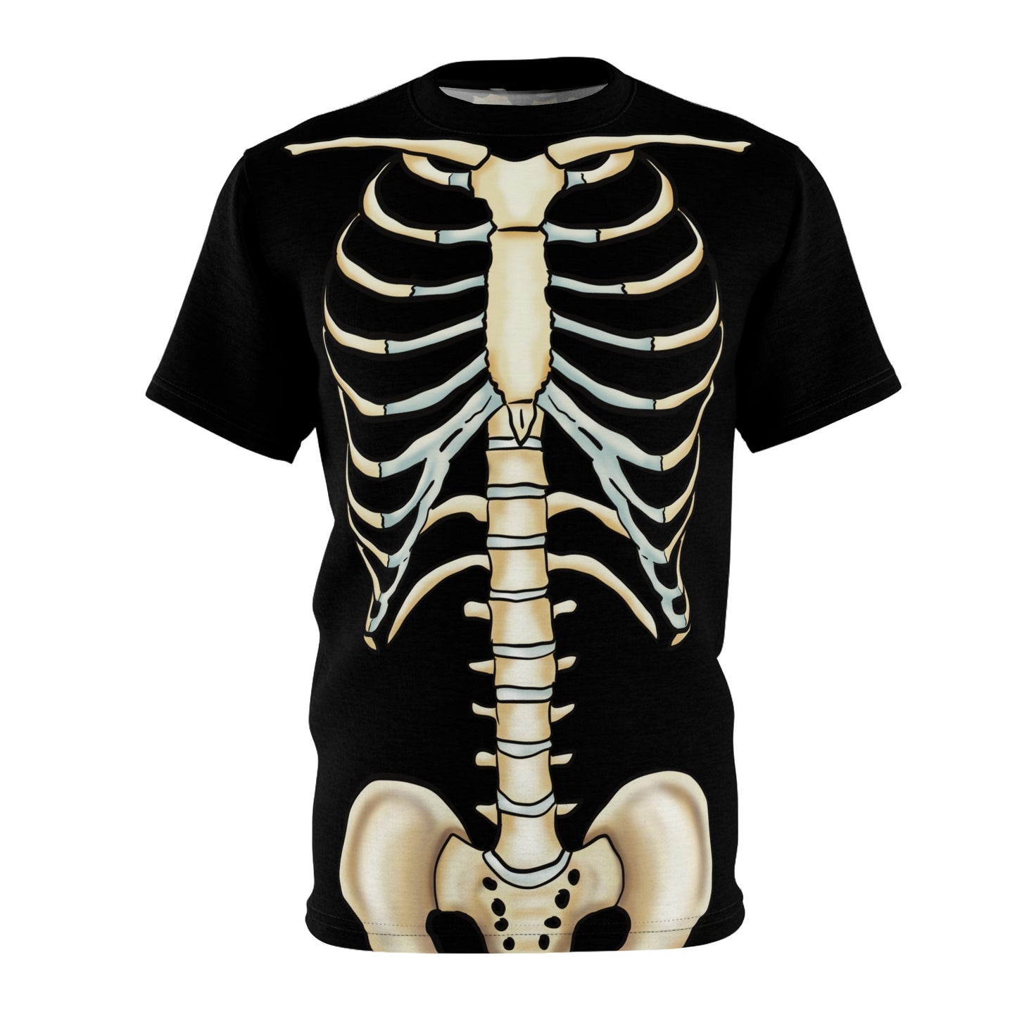 Anterior view of a unisex black athletic t-shirt with a detailed anatomical skeleton design that looks like an x-ray—perfect for when you want to flex your muscles and your inner structure.