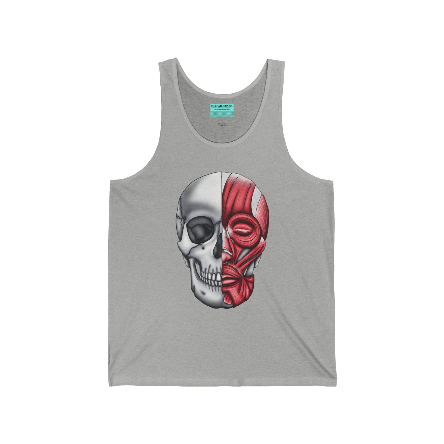 A light grey unisex adult tank top with a detailed anatomical skull, half showing the bones and the other half revealing the facial muscles—because who doesn’t want to wear a little “muscle” with their style?