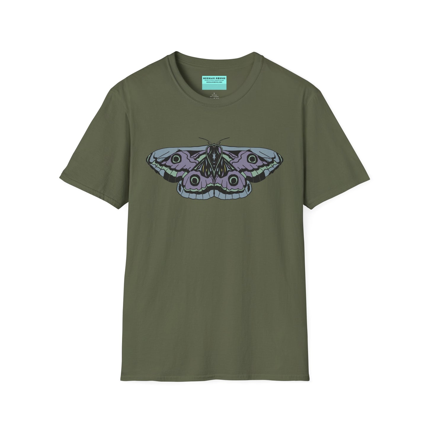 Military green t-shirt featuring a drawing of a blue and purple moth.