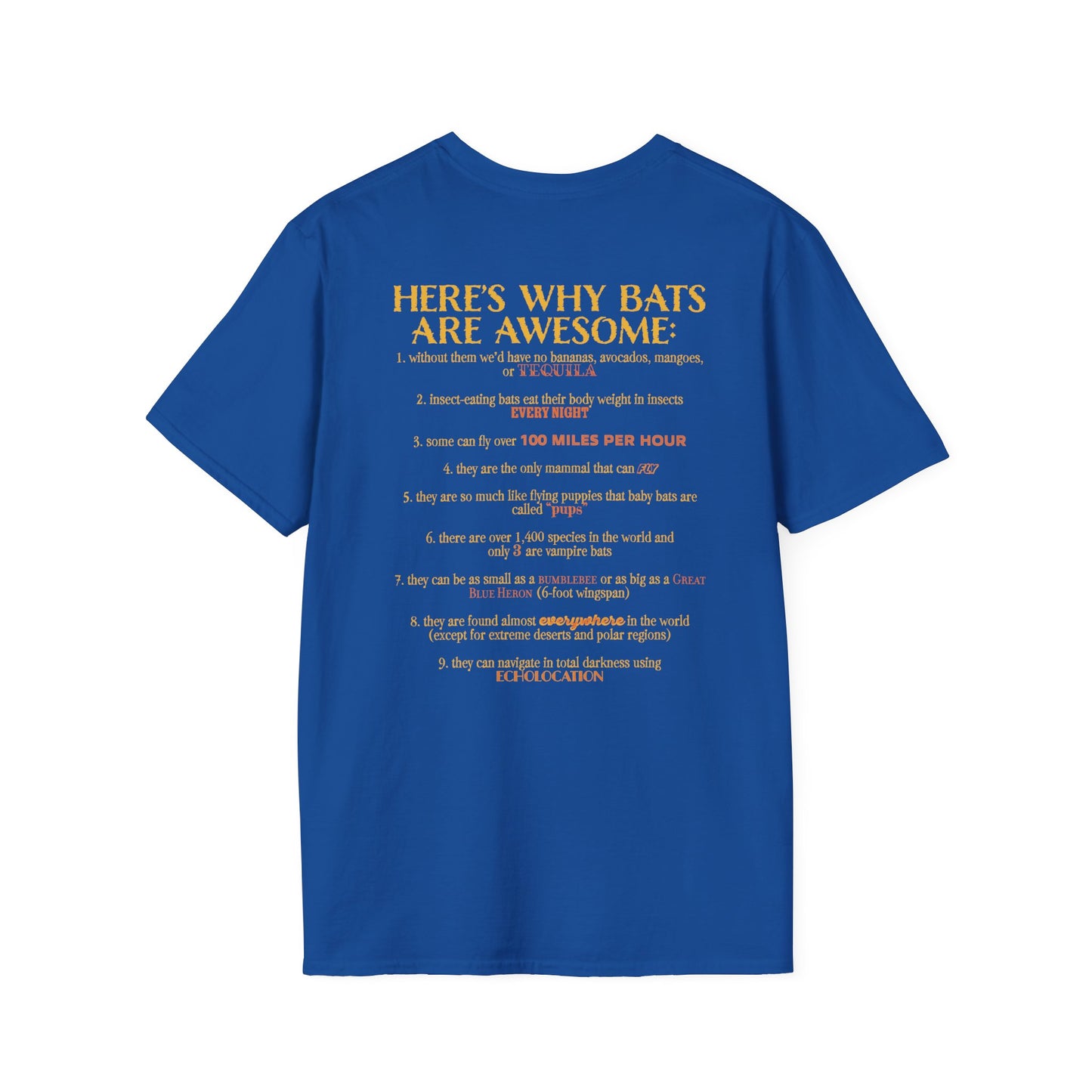 Back of a royal blue t-shirt that reads “Here’s why bats are awesome,” followed by a fun list of 9 bat facts—because who doesn’t want wearable proof that bats are the underrated rockstars of the animal kingdom?
