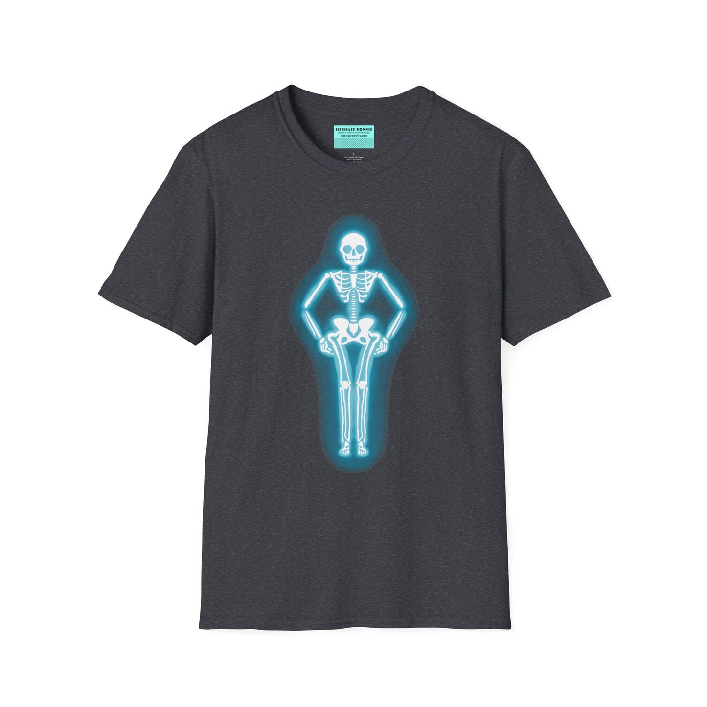 Dark grey t-shirt featuring an illustration of a glowing neon sign in the shape of a skeleton.