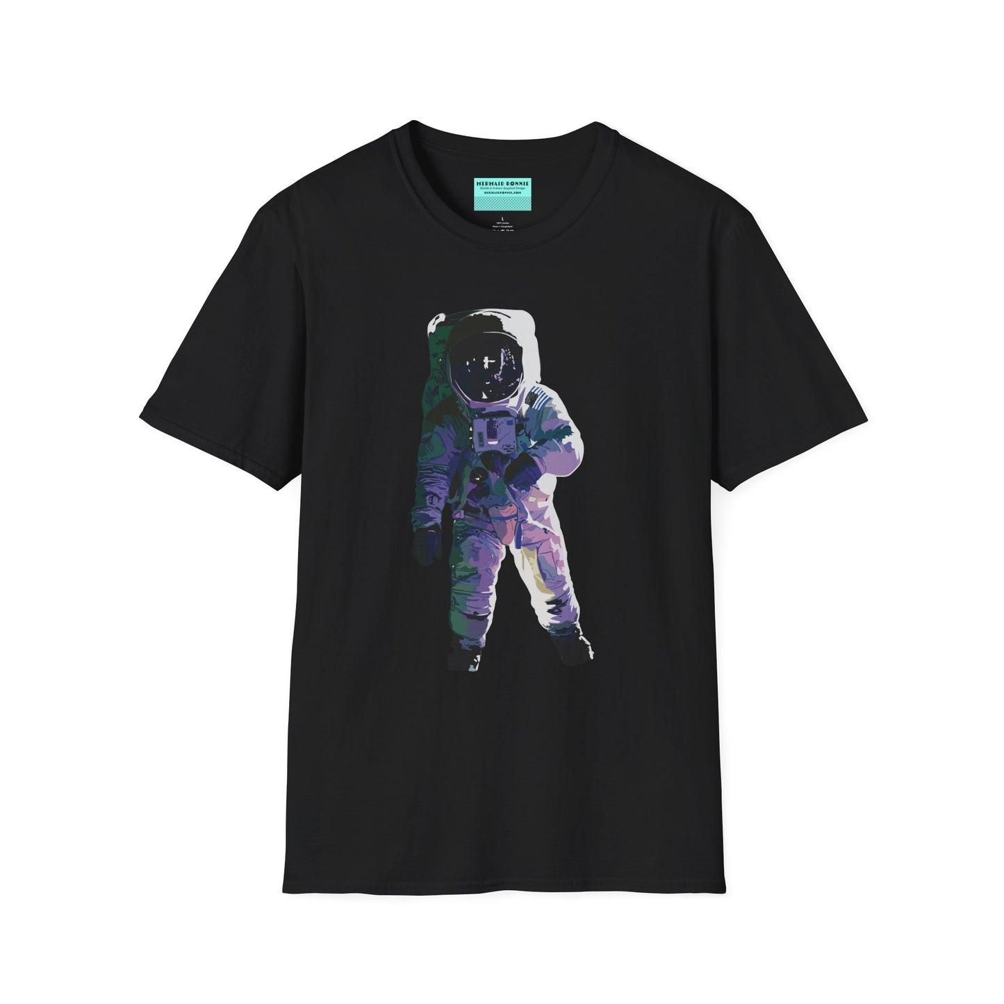 Black t-shirt featuring a drawing of an astronaut in a space suit.