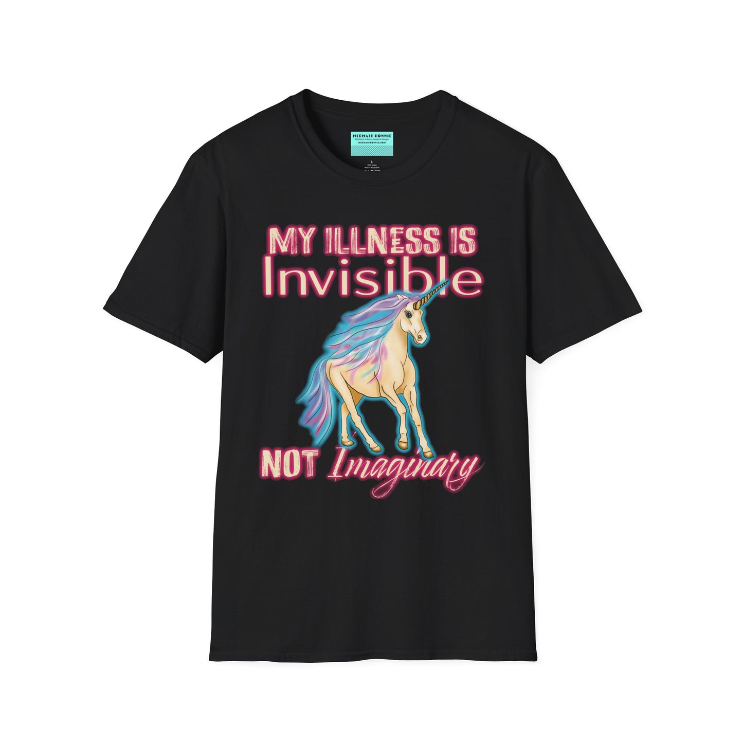 Black shirt featuring a drawing of a unicorn and the phrase 'My illness is invisible not imaginary'.