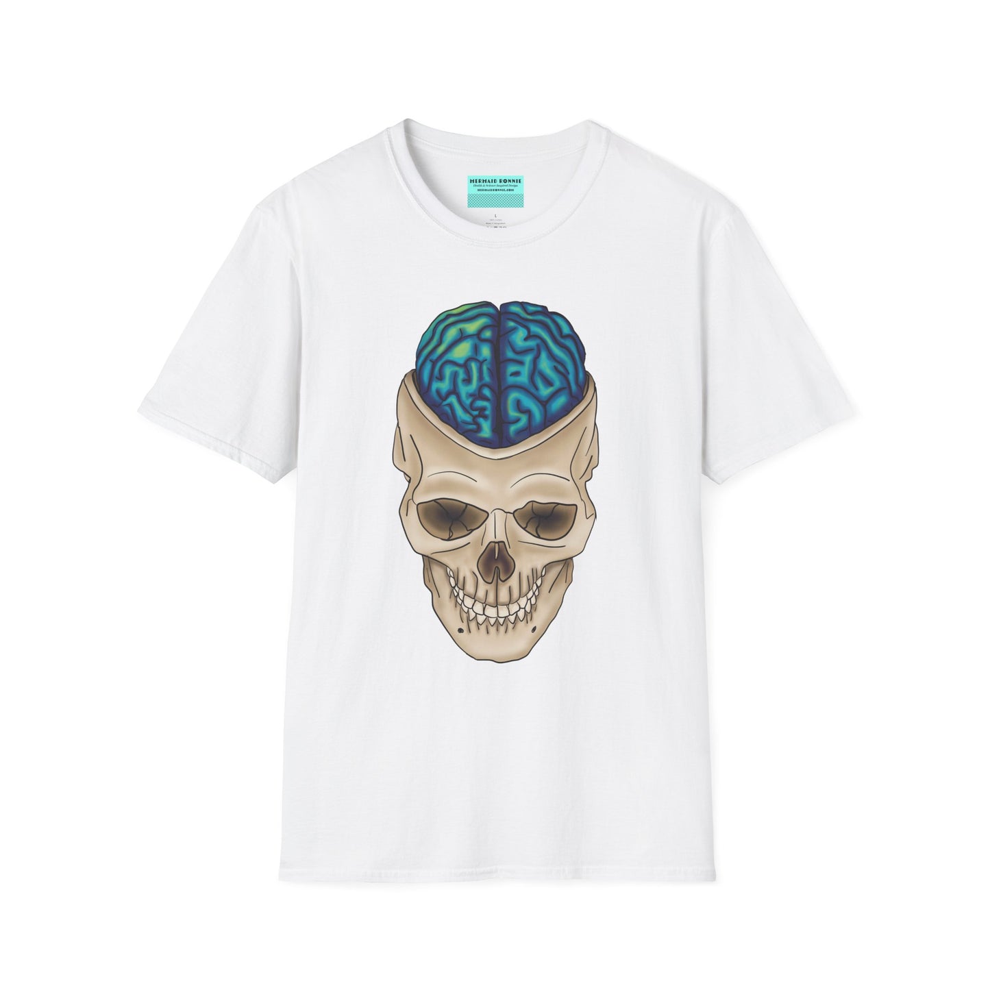 White t-shirt featuring a drawing of an anatomical skull, with a brain emerging from the top.