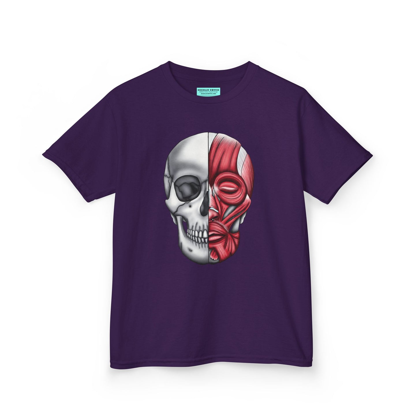 Kids' t-shirt in purple featuring an anatomical drawing of a human skull, with facial muscles illustrated on one half of the skull.