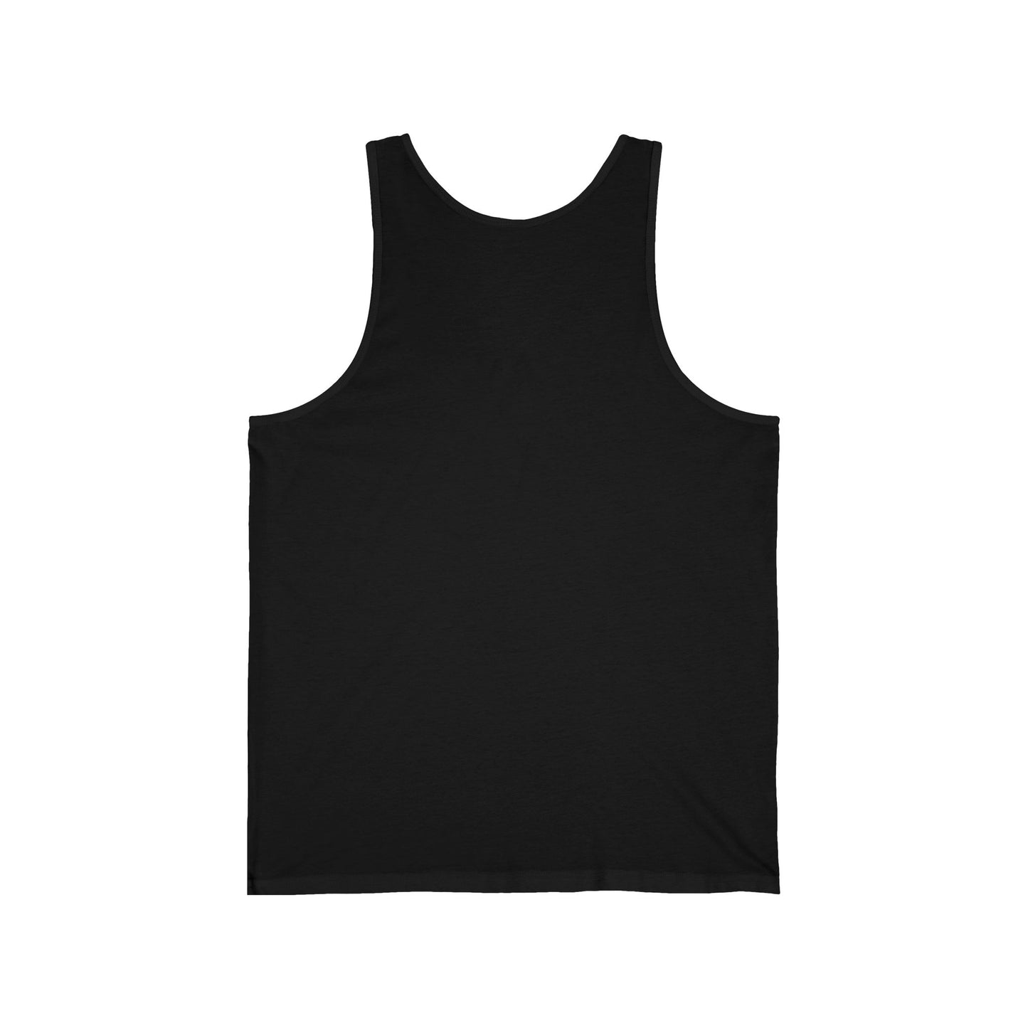 The back view of a black unisex adult tank top.