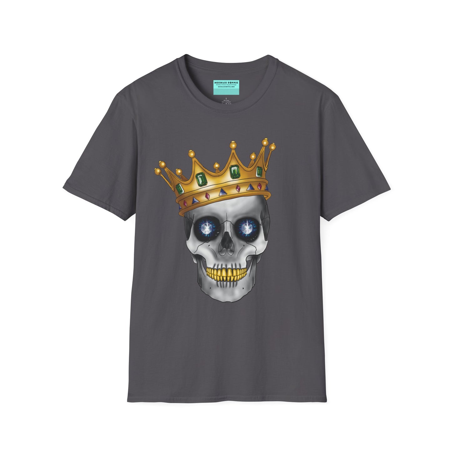 Charcoal grey t-shirt featuring an anatomical skull wearing an ornate crown, with gold teeth, large sapphire gemstones in the eye sockets, and emeralds and rubies decorating the crown.