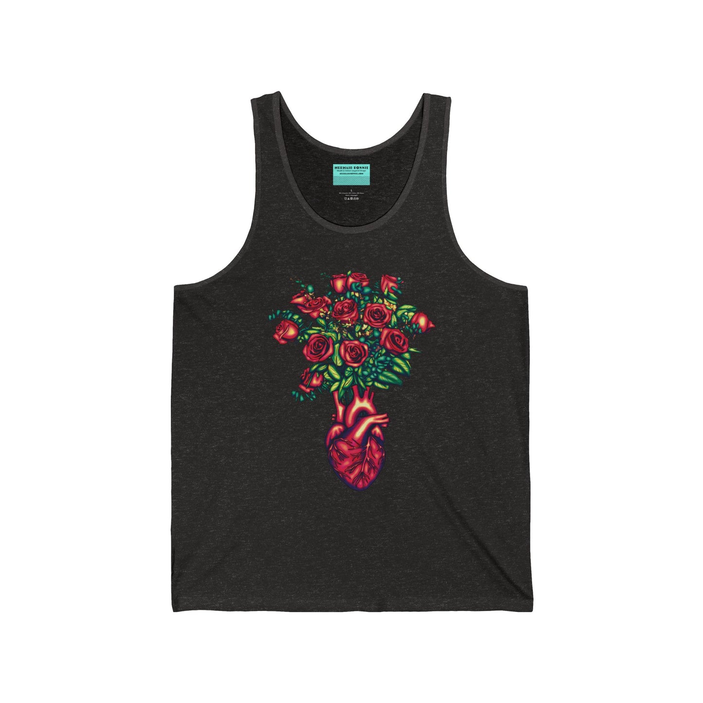 Heather grey unisex tank top featuring an illustration of an anatomical heart used as a vase, with a bouquet of red roses blooming from the top.